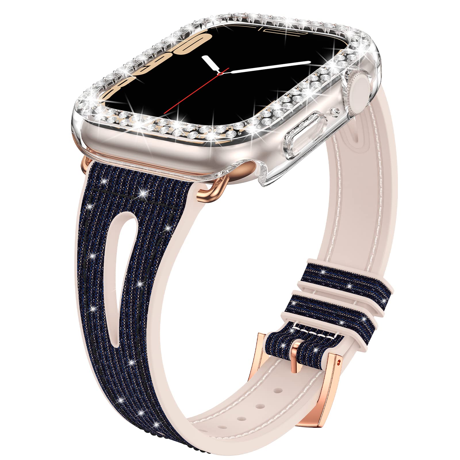 Goton Bling Band Case - Compatible with Apple Watch 46mm 42mm 45mm 44mm 41mm 40mm 38mm (Series 10/9/8/7/SE/6/5/4/3/2) - Women's Glitter Rhinestone Silicone Strap with Bumper Cover - Perfect for Workouts, Parties & Everyday Fashion Accessory