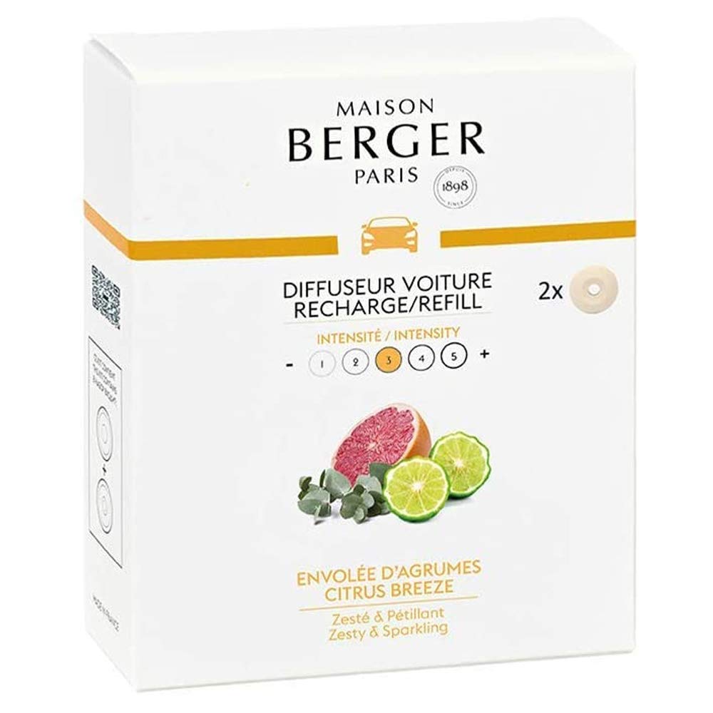 MAISON BERGER Set of 2 Ceramic Refillable Car Air Freshener Pods - 4-6 Week Long-Lasting Fragrance - Citrus Breeze Scent - Made in France - Perfect for Cars, Offices & Small Spaces