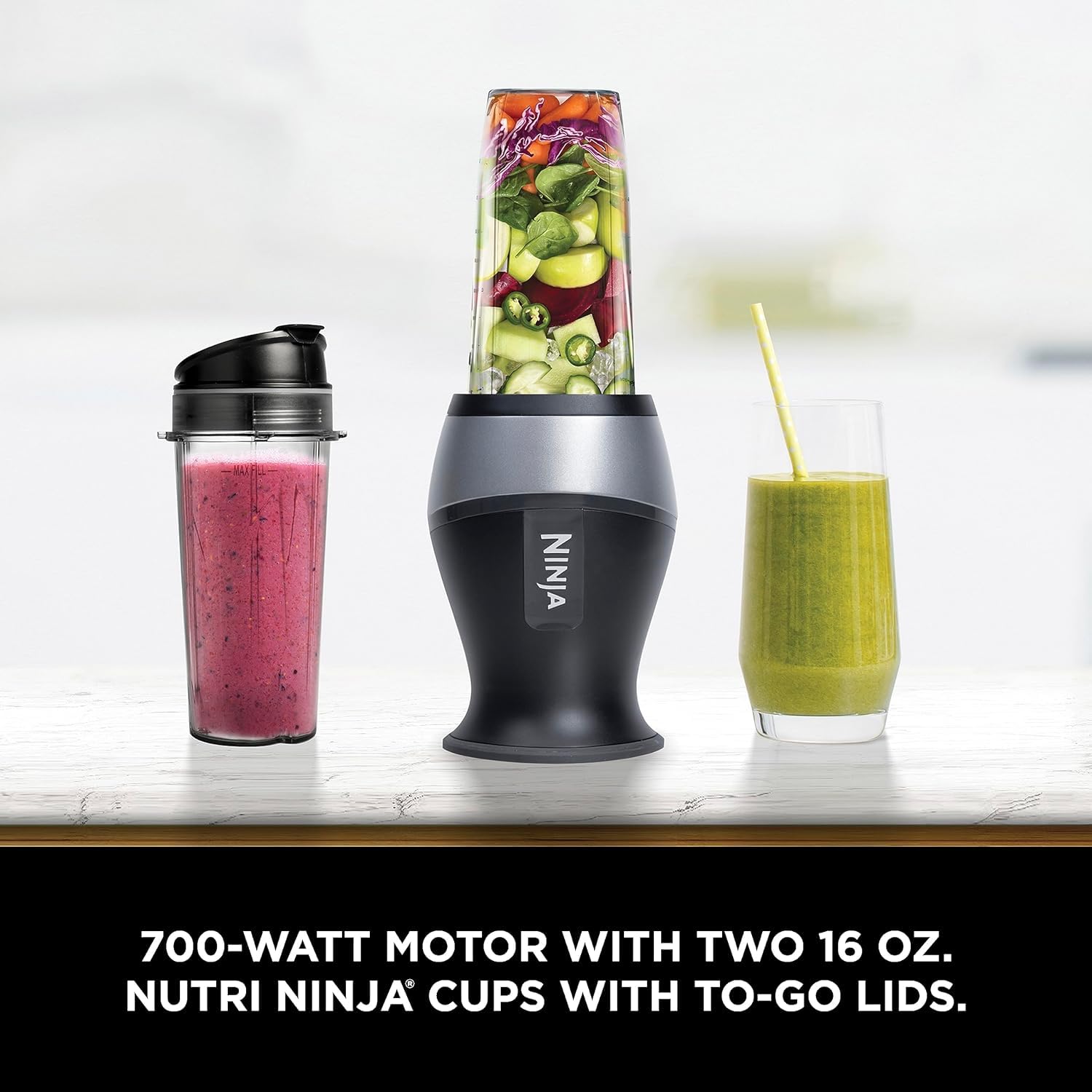 Ninja Fit Compact Blender 700W - Portable Personal Blender for Smoothies, Protein Shakes & Food Prep - Includes (2) 16oz Travel Cups with Leak-Proof Lids - Perfect for Gym, Office & On-The-Go Blending - QB3001SS Black