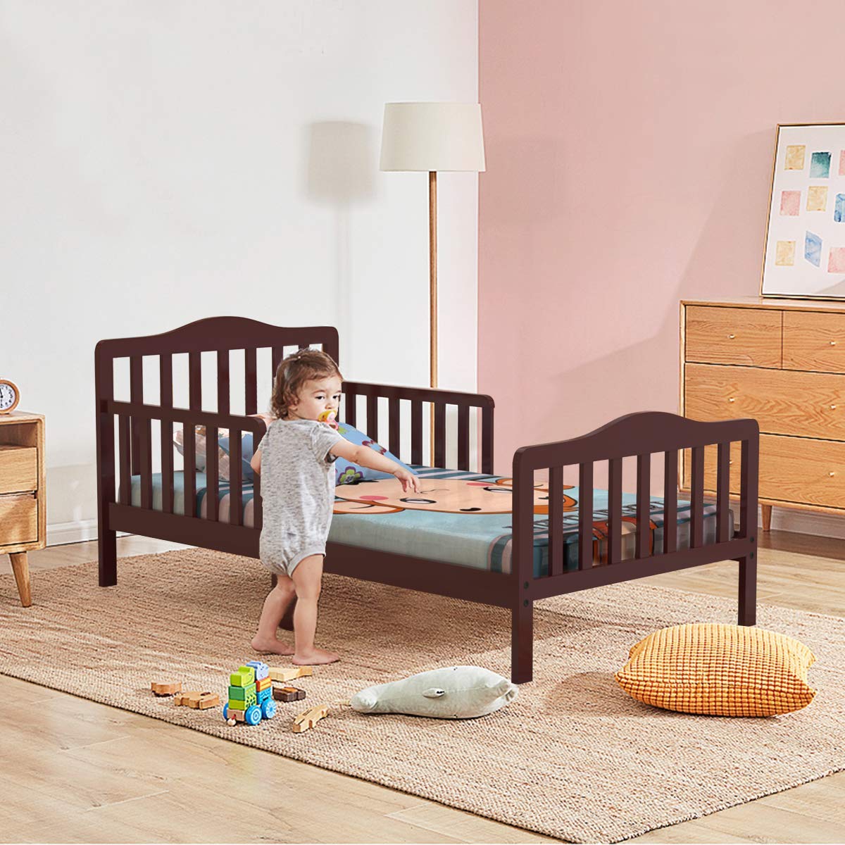 Costzon Toddler Bed - Classic Wooden Kids Bed Frame with Double Safety Guardrail, Low to Floor Design & Wooden Slat Support - Fits Full Size Crib Mattress - Perfect Nursery Furniture for Boys & Girls (Cherry) - Ideal for Safe Toddler Sleep Transition & Small Bedroom Spaces