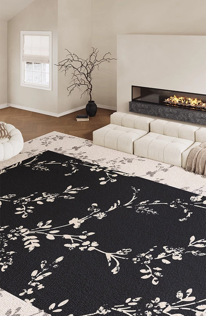 Modern Large Black Floral Geometric Area Rug - Contemporary Floor Carpet for Living Room, Dining Room & Bedroom - Soft Non-Slip Home Decor for Cozy Spaces