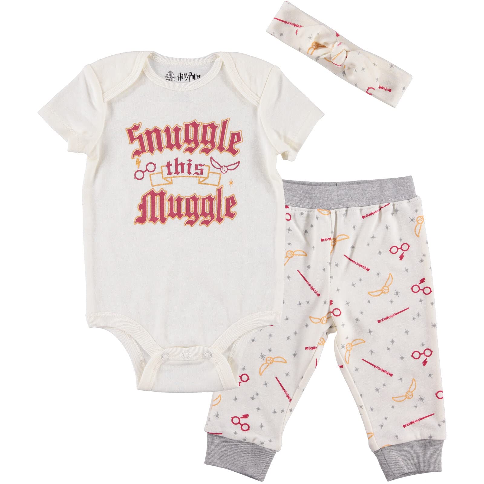 Harry Potter Hogwarts House Baby Outfit Set - Ravenclaw, Slytherin, Gryffindor & Hufflepuff Bodysuit, Pants & Headband for Newborn to Infant | Perfect for Halloween Costume, Birthday Party & Photo Shoots