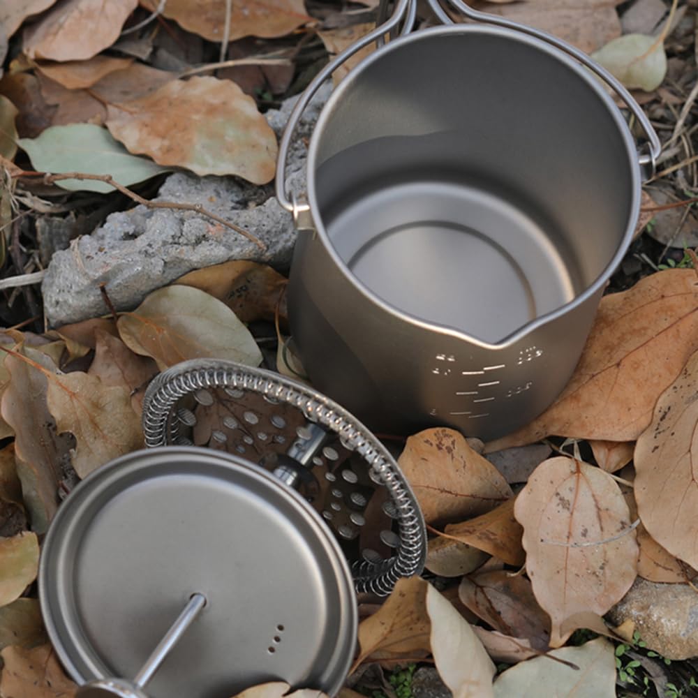 Lixada 750ml Titanium Camping Pot - Lightweight French Press Coffee Maker & Cooking Pot with Folding Titanium Spoon - Perfect for Backpacking, Hiking & Outdoor Adventures