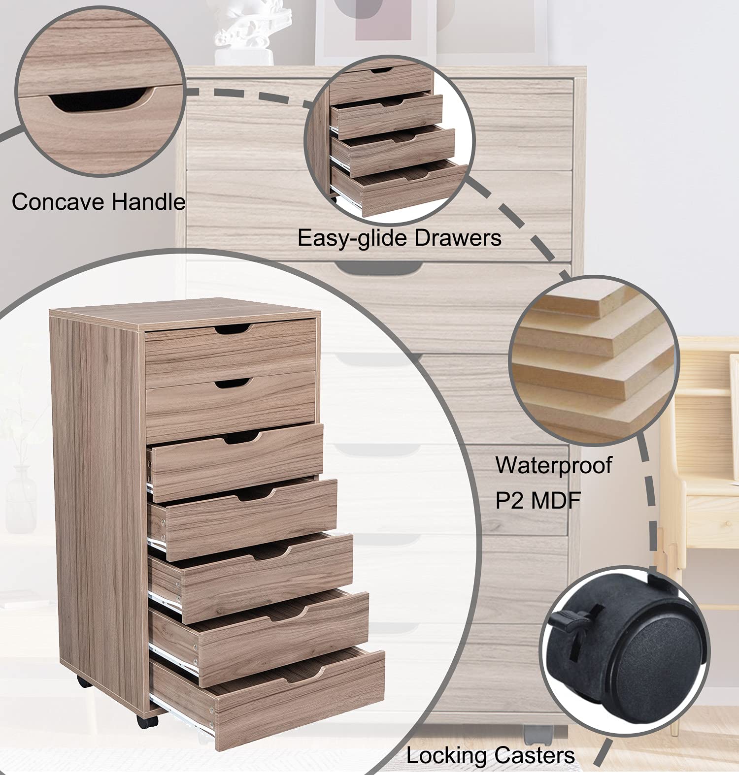 HomVent 7-Drawer Wooden File Cabinet - Storage Organizer for Office, Bedroom, Living Room & Closet - Perfect for Documents, Clothes & Home Organization