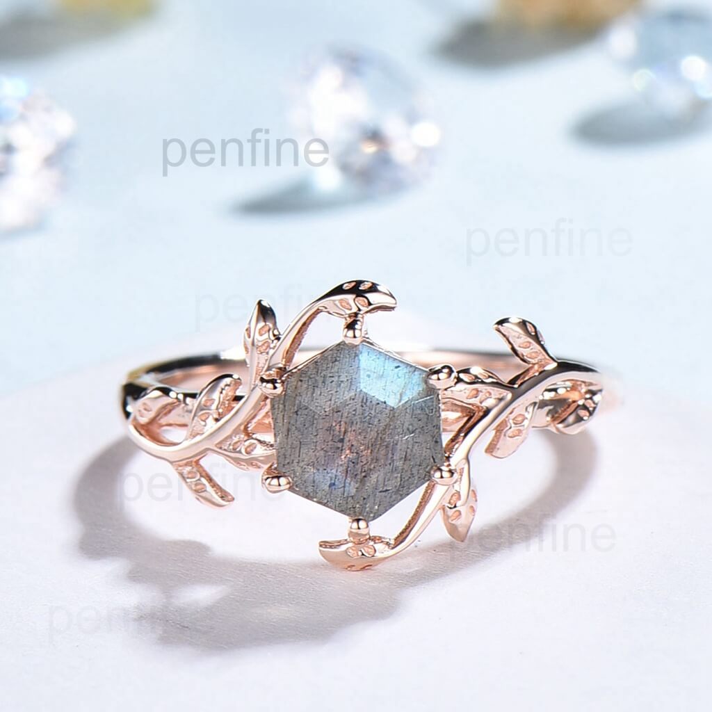 1 Carat Round Cut Labradorite Solitaire Engagement Ring - Filigree Leaf Design for Women, Wedding, Proposal & Anniversary Gift - Perfect for Romantic Occasions & Special Moments