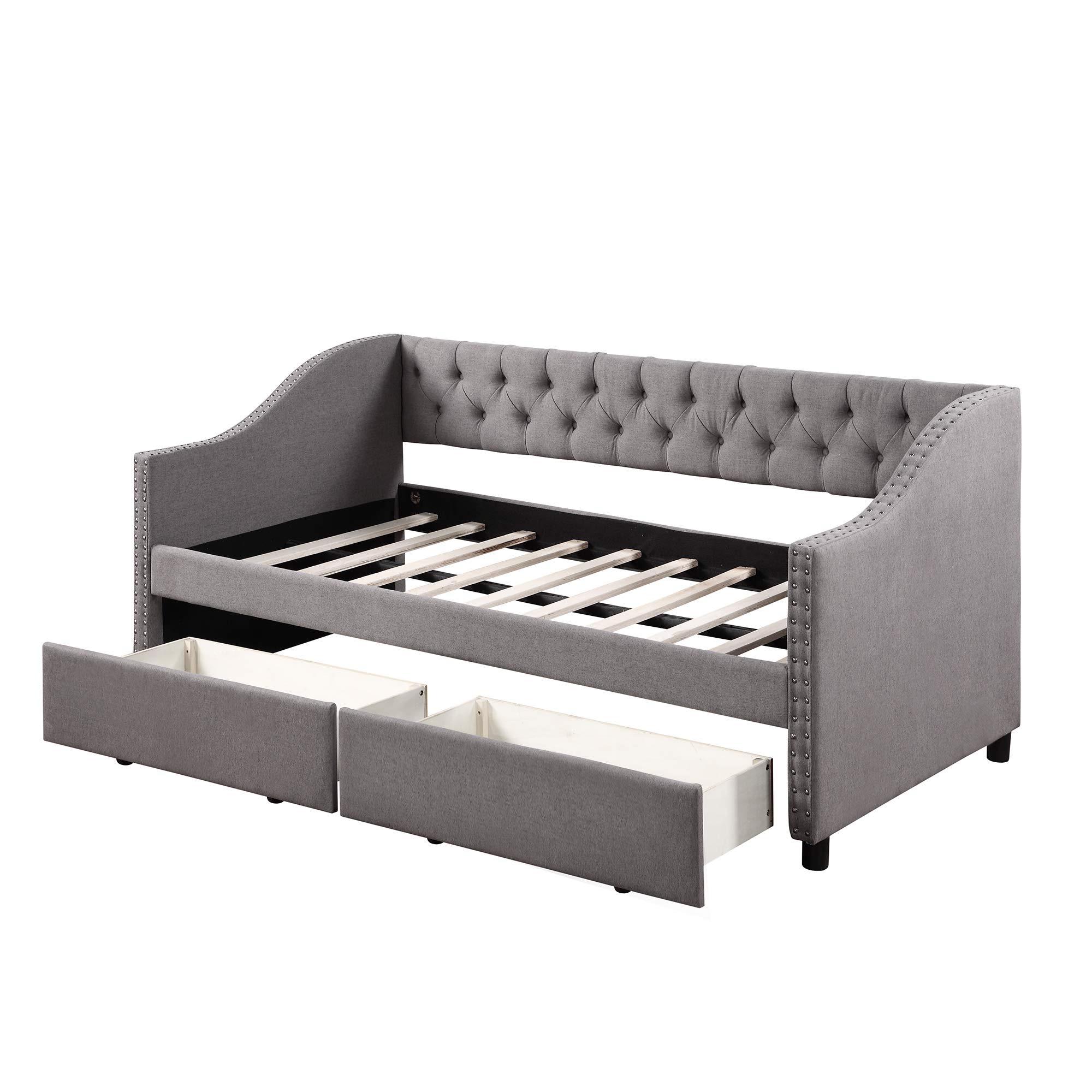 Twin Upholstered Daybed with 2 Storage Drawers, Tufted Sofa Bed with Nailhead Trim & Wood Slat Support - Perfect for Guest Rooms, Small Apartments & Multi-Functional Spaces
