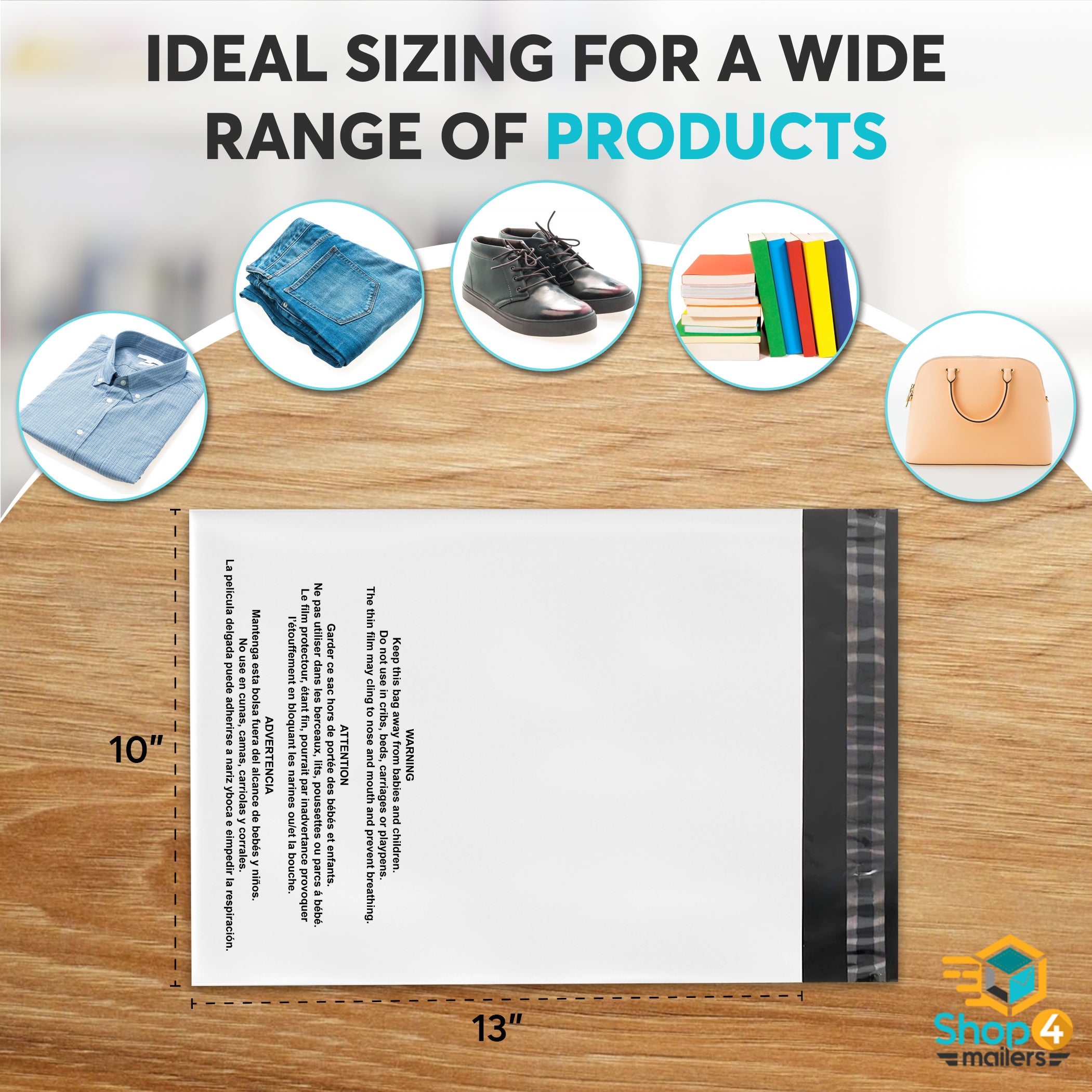 10x13 Glossy White Warning Printed Poly Mailer Envelopes 2 Mil - Waterproof Shipping Bags for Ecommerce, Retail & Mailing | Shop4Mailers