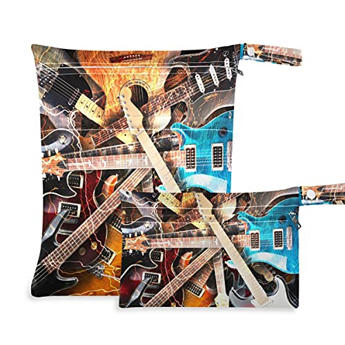 Waterproof Reusable Wet Dry Bag with Two Zippered Pockets - Electric Guitar Print Swim Diaper Bag for Pool, Beach & Travel - Perfect for Swimsuits, Toiletries & Baby Essentials (Lightning Design)