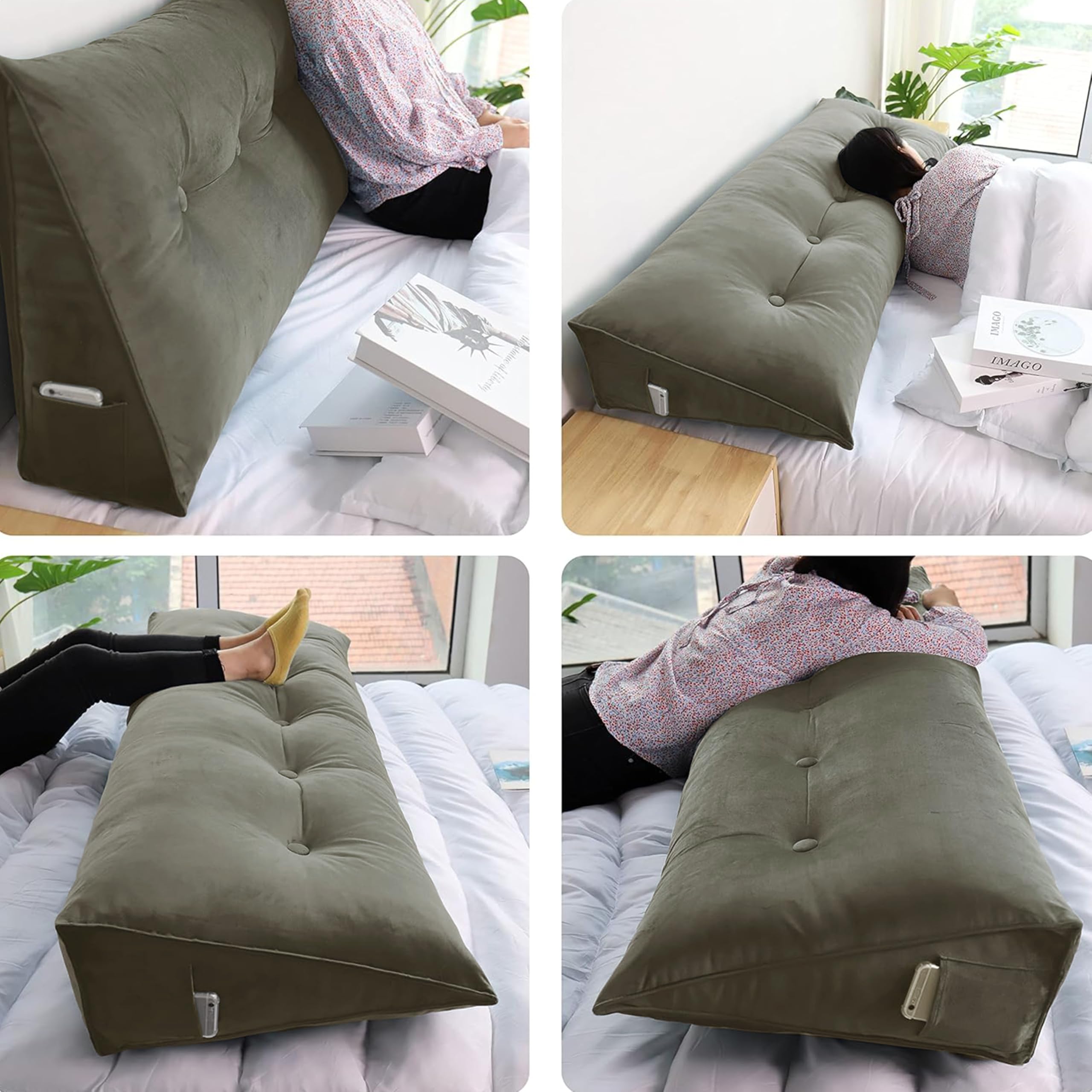 **WOWMAX Triangular Headboard Pillow - Full Bed Wedge Pillow with Removable Velvet Cover (100% Cotton, Beige-Gray) - Support Pillow for Headboard, Daybed, Reading & Relaxing in Bed**