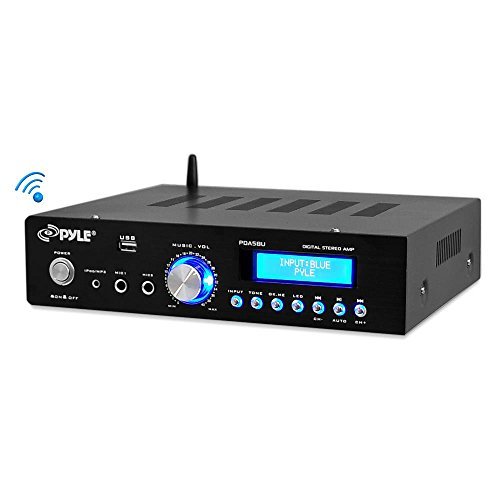 Pyle PDA5BU 200 Watt Bluetooth Stereo Amplifier Receiver with AM/FM Radio, USB Flash Reader, Aux Input & LCD Display - Bundle with Enrock 50ft 16 Gauge Speaker Wire - Perfect for Home Audio, Garage Sound System, and DIY Speaker Projects