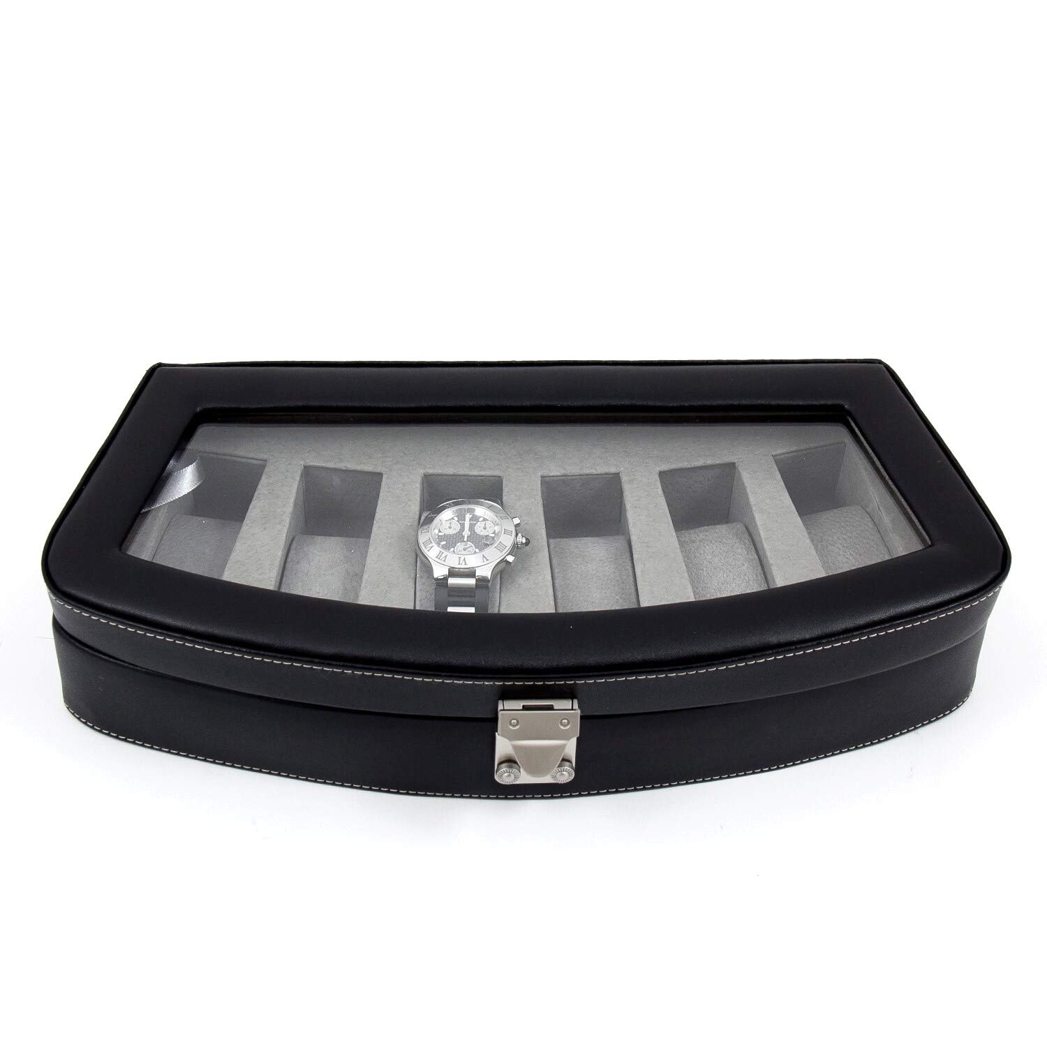 Premium Black Leather 6-Slot Watch Case with Glass Top Viewing Window & Secure Locking Clasp - Genuine Pigskin Leather Lined Interior for Luxury Watch Storage | Perfect for Travel, Home Display & Watch Collector Organization