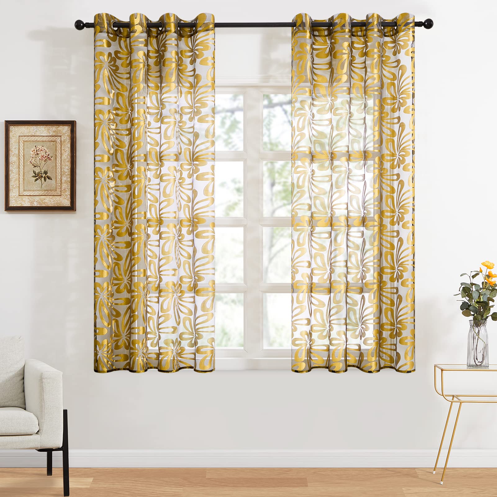 Top Finel Black Sheer Curtains 63 Inch Length - 2 Panels Set, Light Filtering Window Drapes for Living Room & Dining Room Decor (Black/Gold) - Perfect for Privacy & Elegant Home Styling