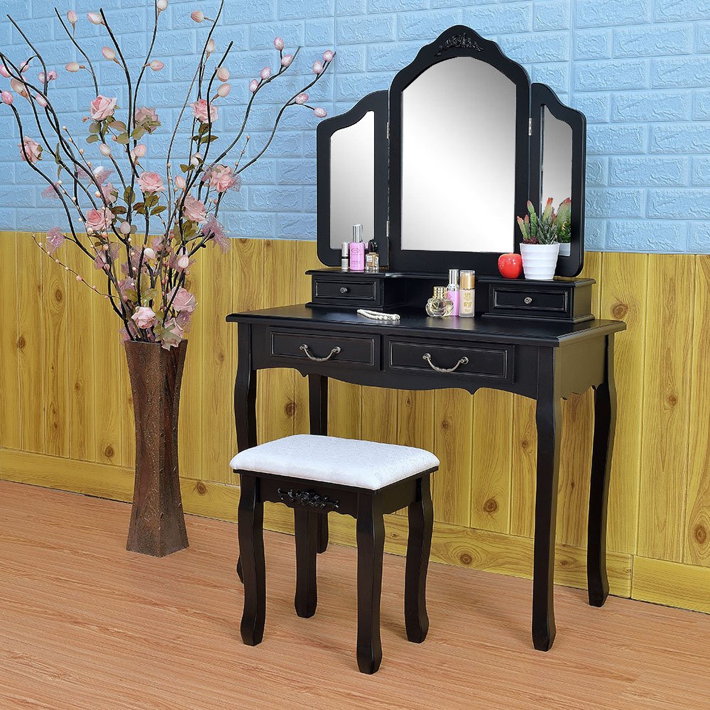 Tri-Fold Mirror Vanity Desk with Cushioned Stool - Black Makeup Dressing Table & Organizer for Bedroom, Dorm, or Beauty Salon