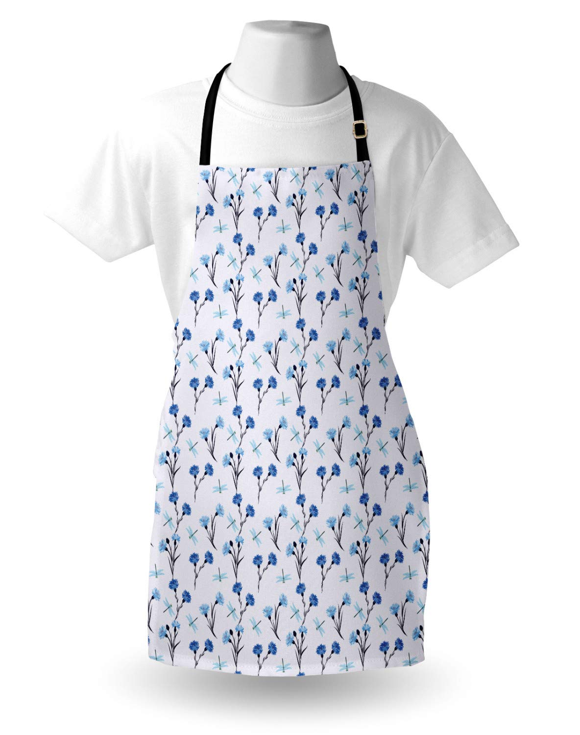 Ambesonne Floral Apron - Cornflowers & Dragonflies - Unisex Kitchen Bib for Cooking & Gardening
