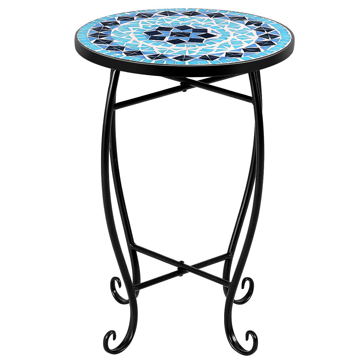 RELAX4LIFE 14 Inch Round Mosaic Side Table with Tempered Glass Top & Sturdy Steel Frame - Outdoor End Table for Patio, Lawn, Garden, Balcony & Home Decor (Blue) | Perfect for Poolside Lounging, BBQ Parties & Small Space Living