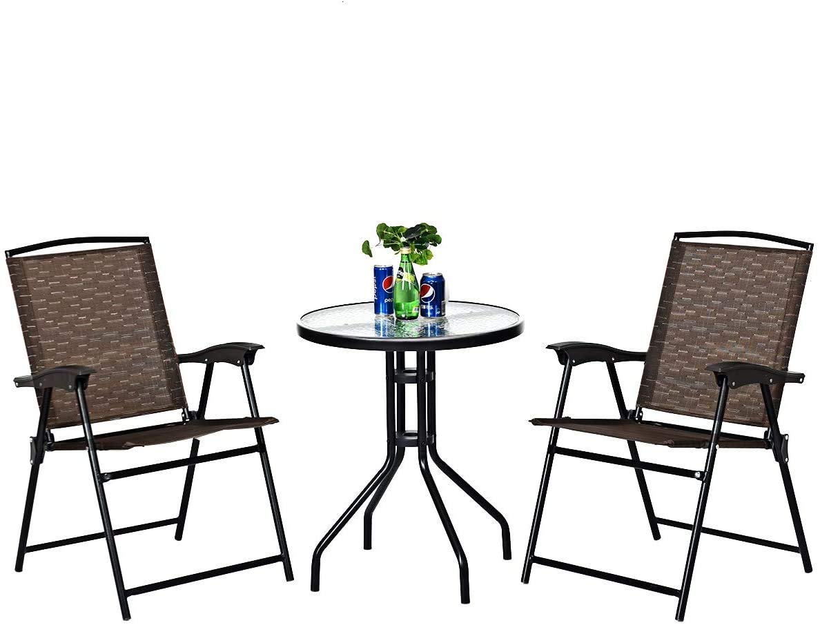 3-Piece Bistro Set with Textured Glass Tabletop & 2 Folding Chairs - Steel Frame Outdoor Patio Dining Set - All-Weather Garden, Poolside, Backyard Furniture for Relaxing & Entertaining