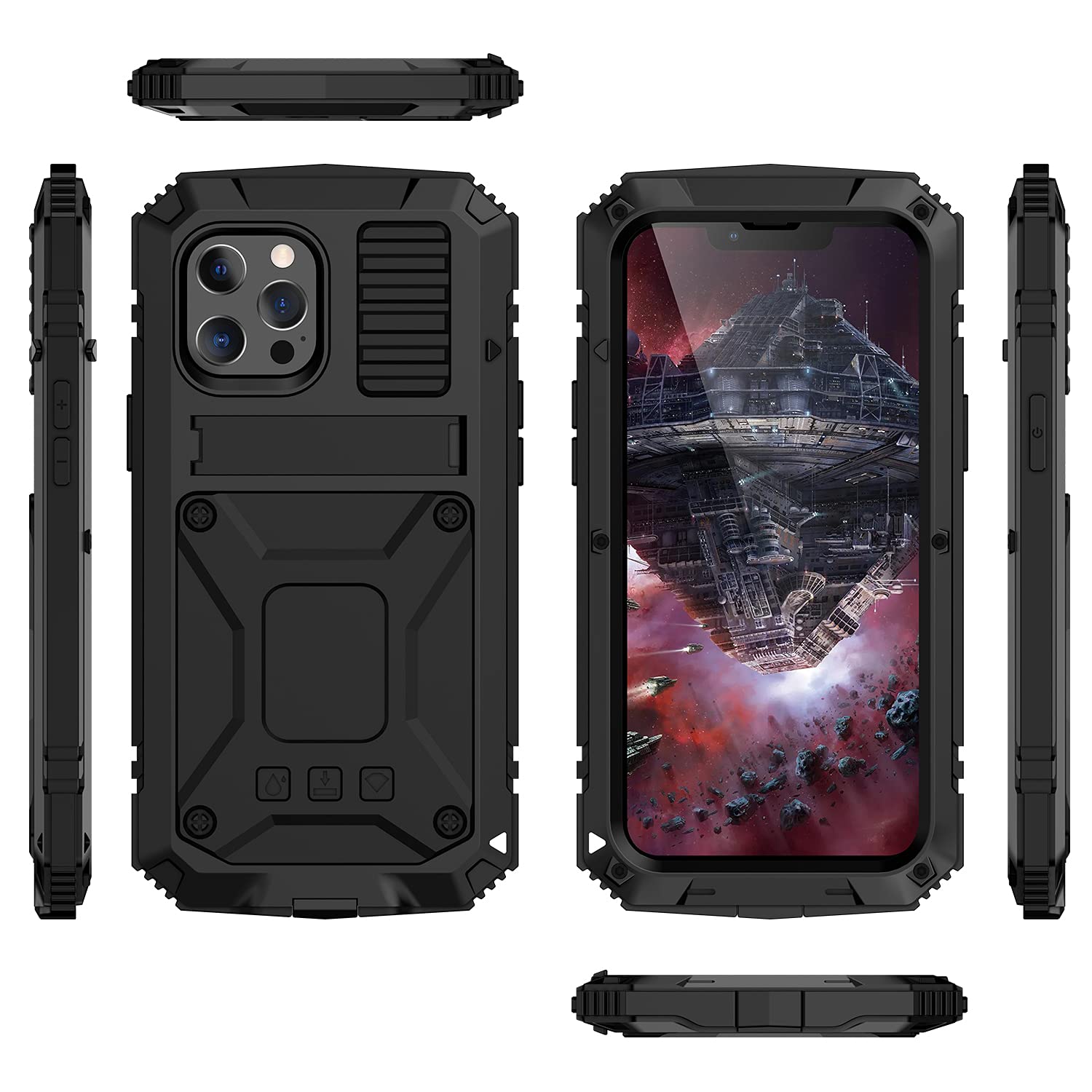 Premium Heavy Duty Shockproof iPhone 13 Pro Max Case (6.7 Inch) - Metal Stand with Built-in Screen Protector for Outdoor Sports & Extreme Protection (2021 Model, Black) | Perfect for Hiking, Travel & Active Lifestyles
