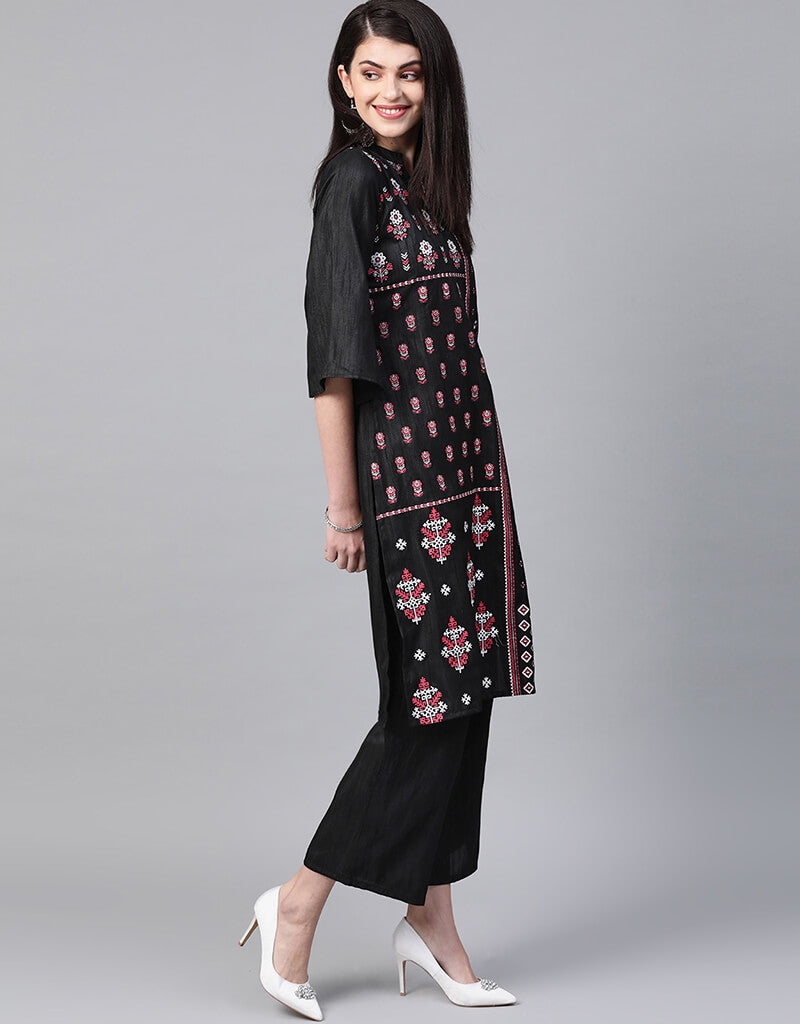Elegant Black Poly Silk Palazzo Suit for Women - Comfortable & Stylish Wide Leg Pants Set for Casual Wear, Office, and Special Occasions