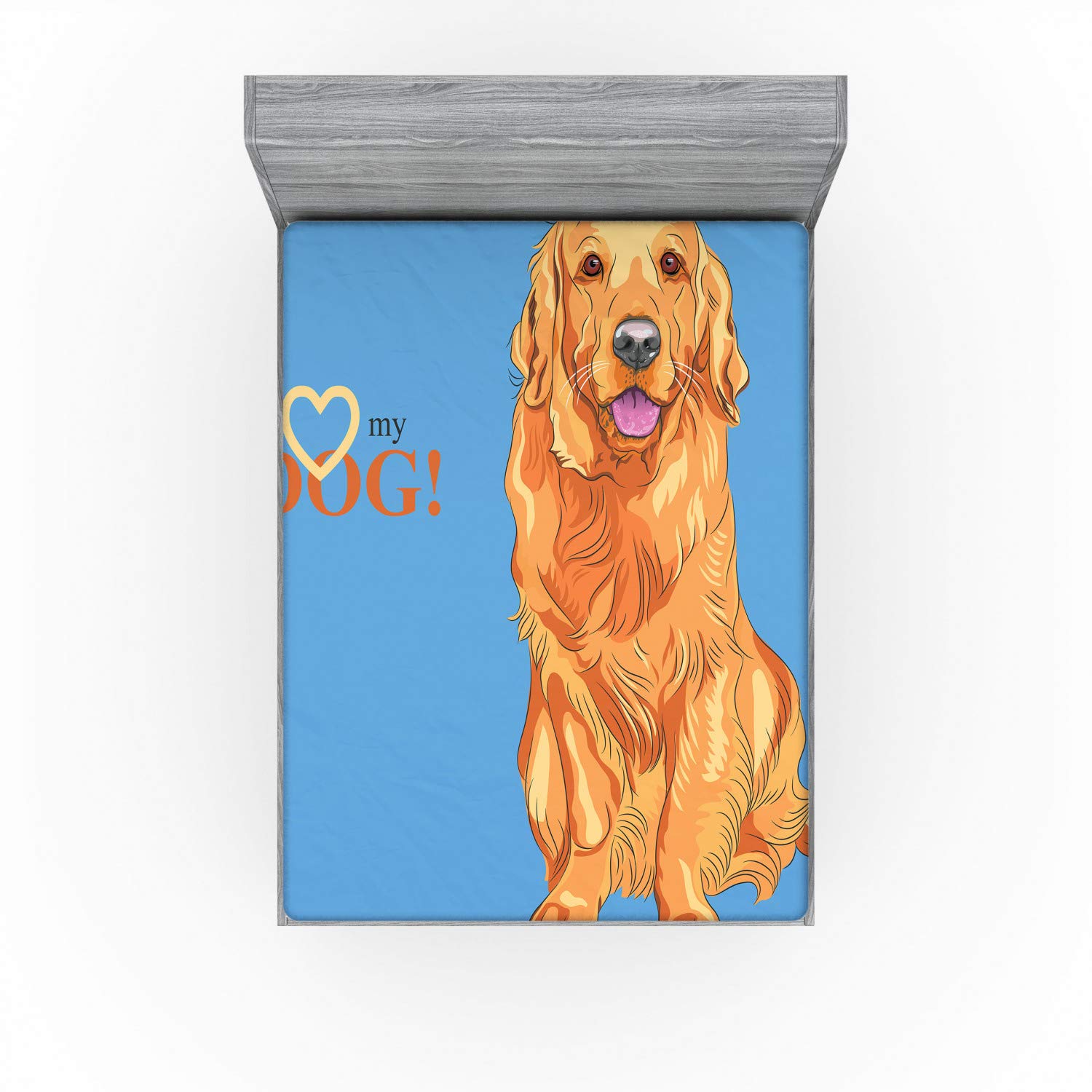 Ambesonne Golden Retriever Fitted Sheet - Queen Size, Blue & Orange for Pet Lovers' Bedroom