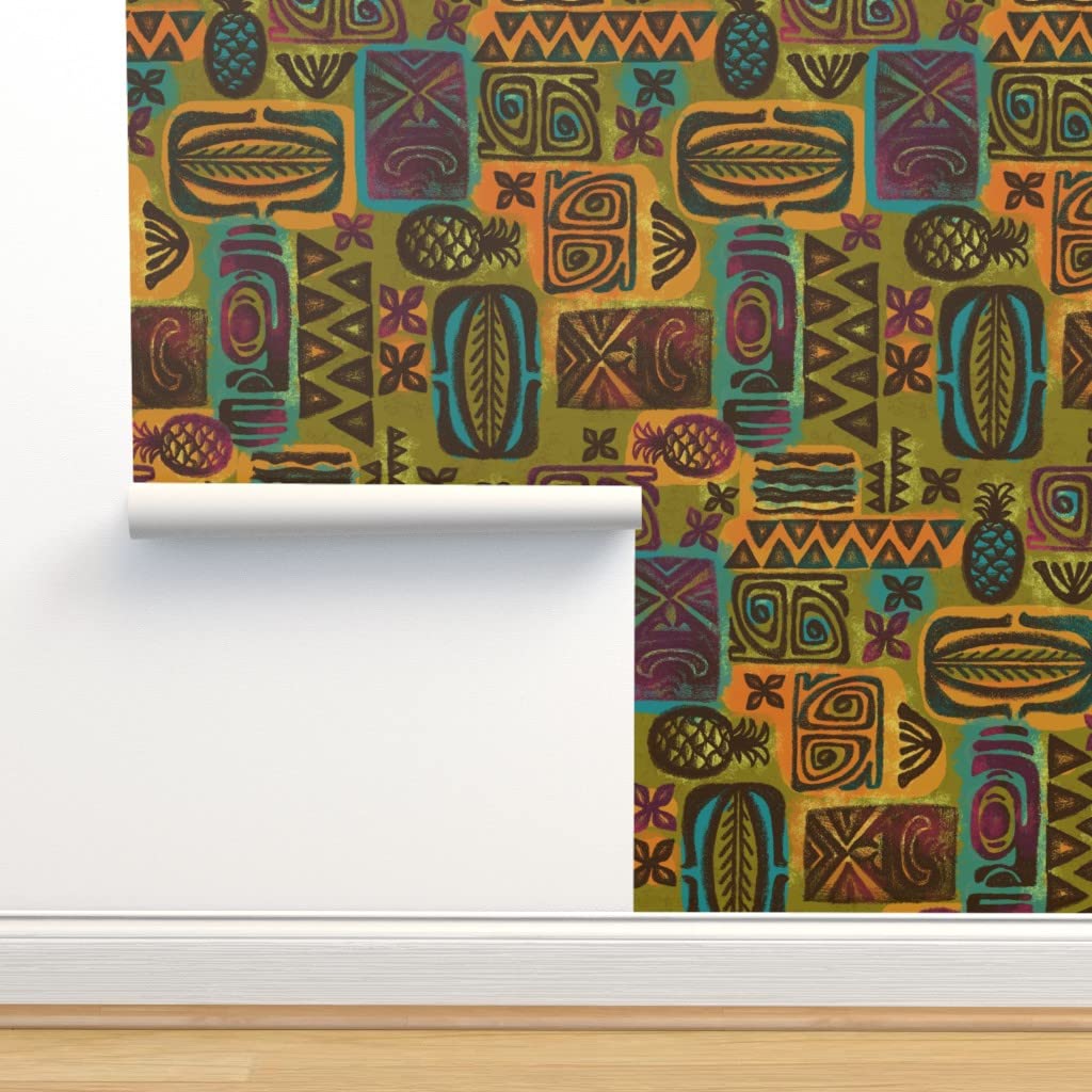 Hawaiian Vintage Boho Retro Mid Century Aloha Tiki Removable Wallpaper Swatch - Peel and Stick Custom Pre-Pasted Wallpaper by Spoonflower for Bedroom, Nursery, Accent Wall Decor