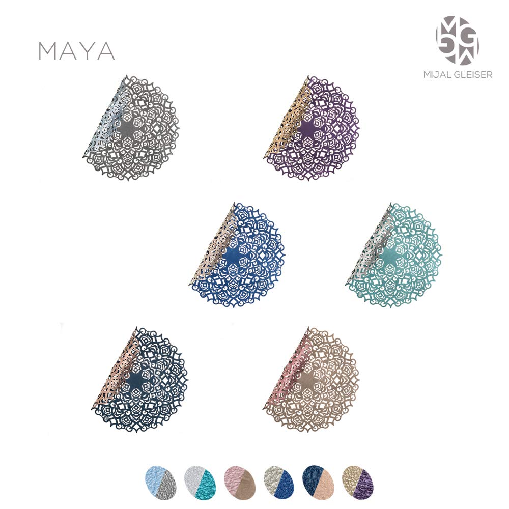 Mijal Gleiser Double Sided Placemats Set of 4 - Laser Cut, Heat Resistant, Non Slip, Stain Resistant - Maya Collection (Royal Blue & Champagne) - Perfect for Dining Table, Kitchen, Party, and Home Decor