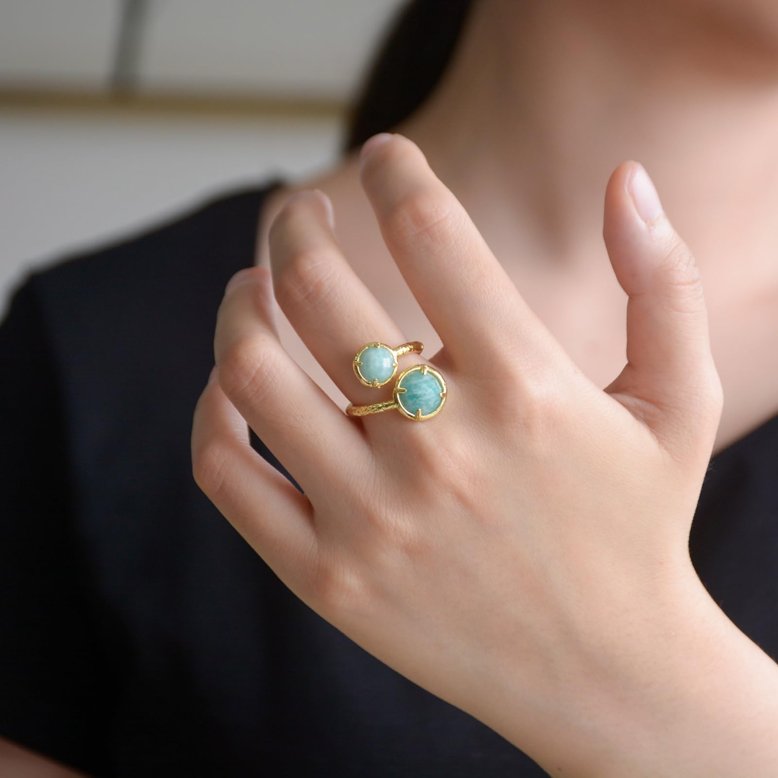 Amazonite Ring for Women - Adjustable Handmade Toi Et Moi Double Stone Ring | Natural Amazonite Jewelry Gift for Her | Perfect for Weddings, Anniversaries & Special Occasions