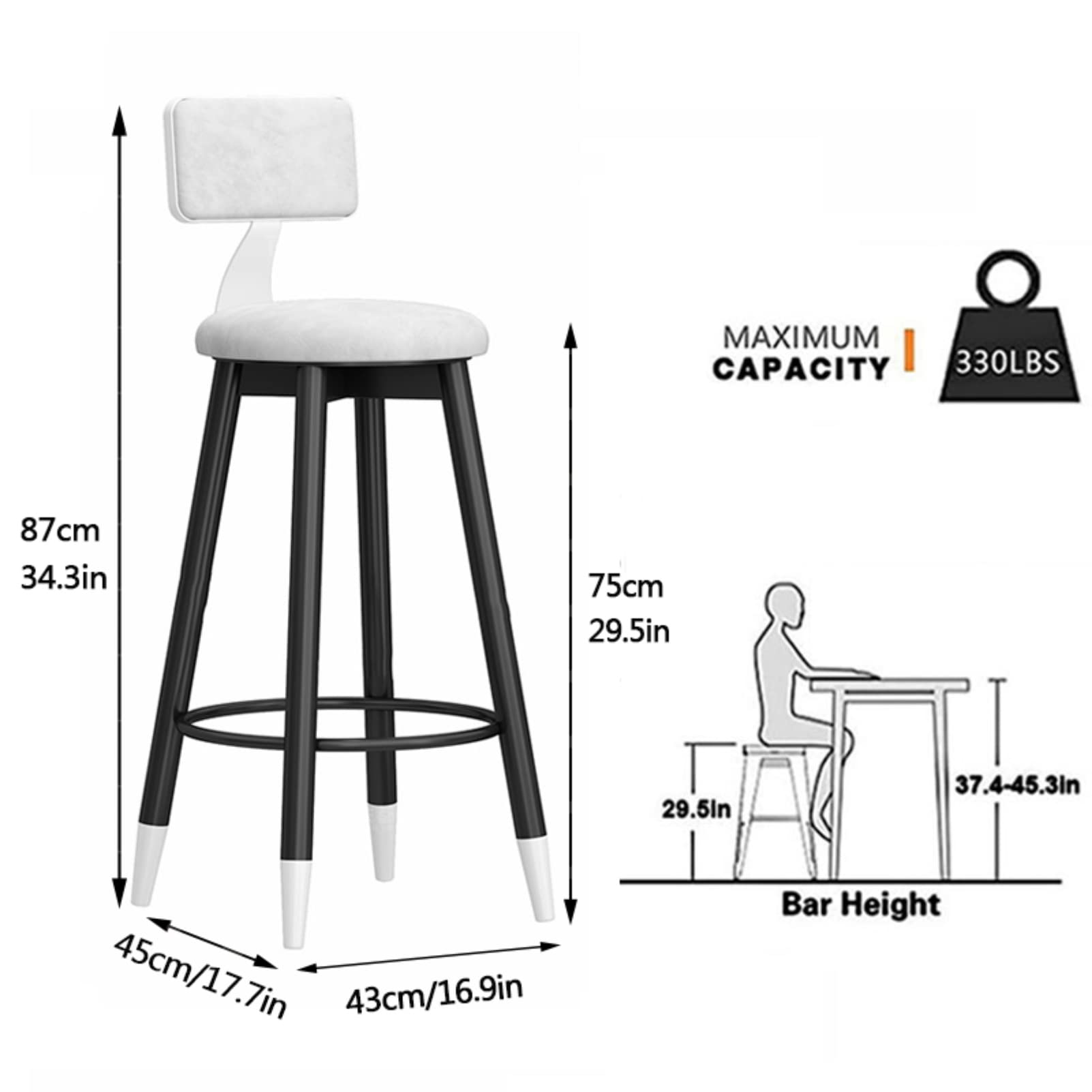 Velvet Padded Metal Bar Stools with Back - 300 LBS Capacity Counter Height Bar Chairs for Kitchen Island, Home Bar, and Dining Room Decor