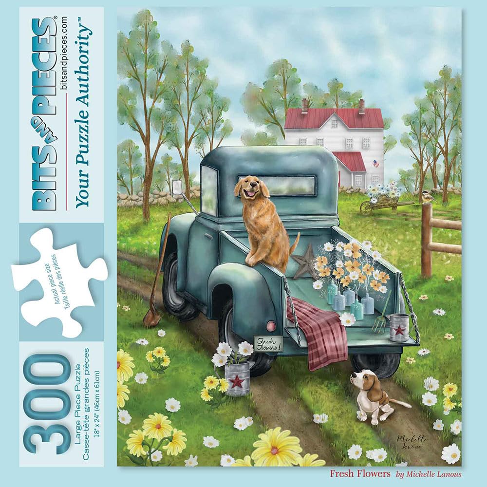 300-Piece Large Jigsaw Puzzle for Adults - Fresh Flowers & Country Dogs by Michelle Lanoue - 18x24 Inch Finished Size - Perfect for Family Game Night, Stress Relief & Home Decor