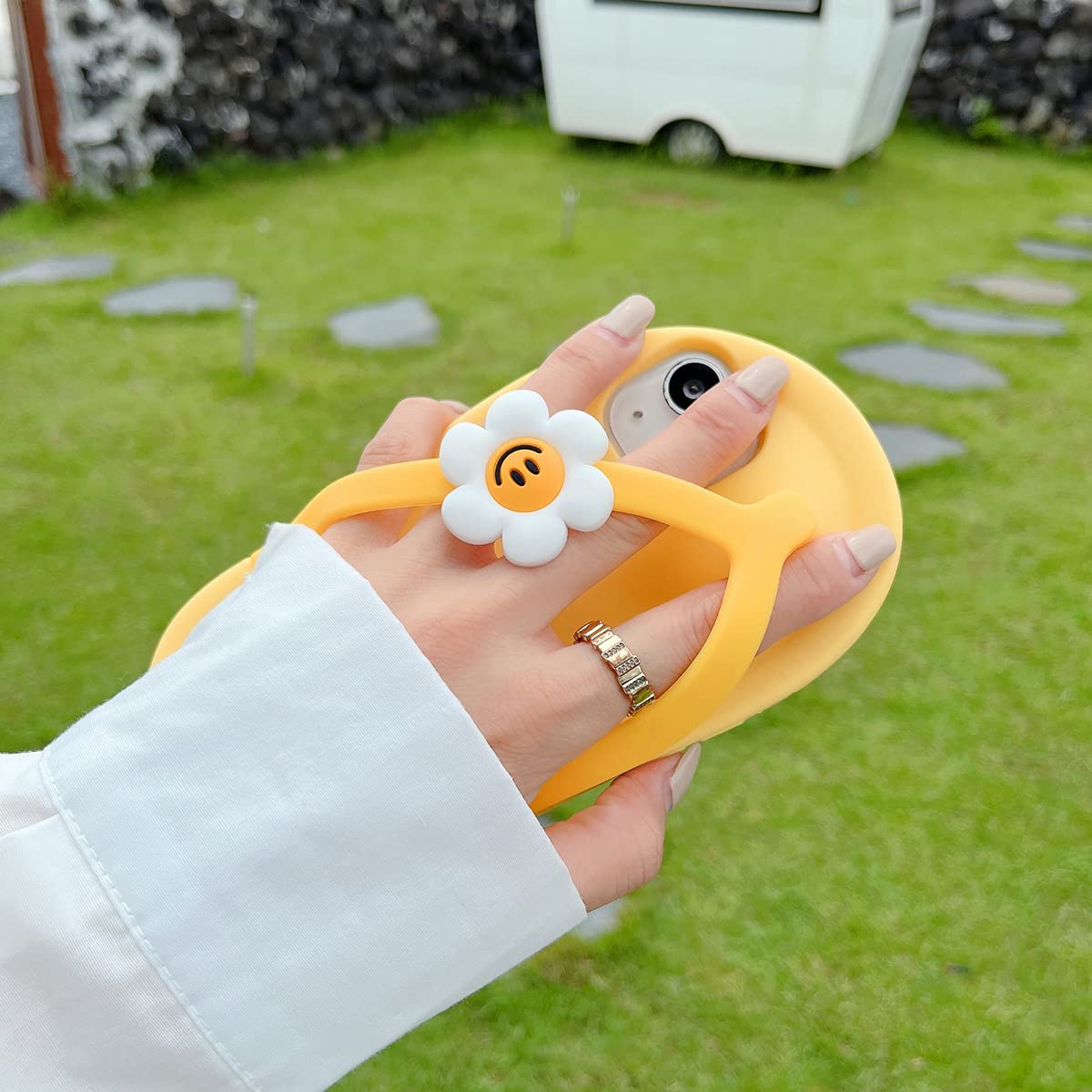 **Yatchen Cute Cartoon Yellow Slippers & Flower Flip Flops 3D Soft Silicone Phone Case for iPhone 14 - Kawaii Design, Protective Cover for Women & Girls - Perfect for Summer, Beach, and Casual Outings**