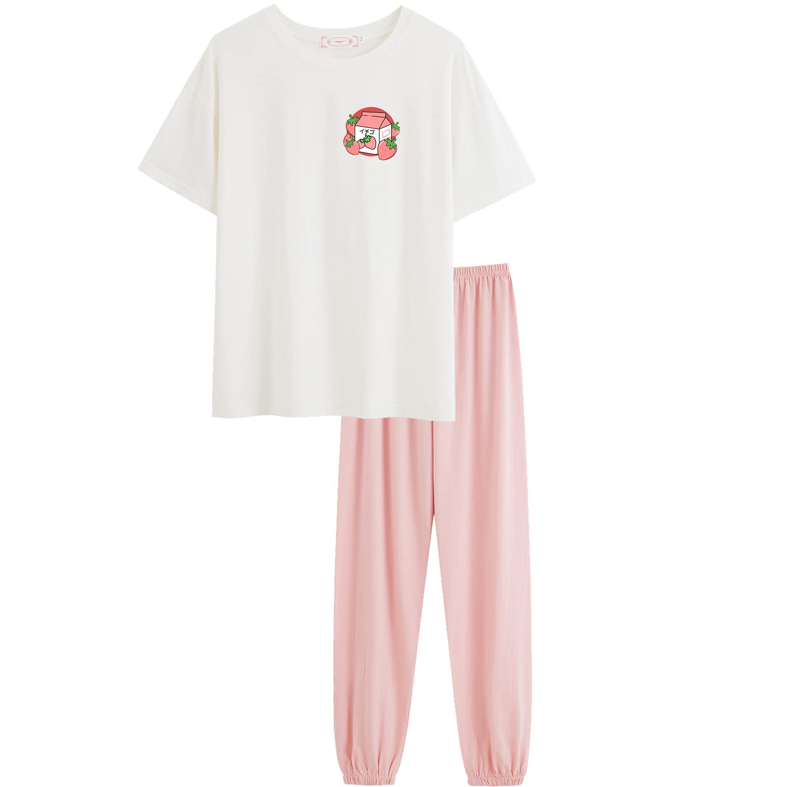 Fkatuzi Women's 2-Piece Strawberry Milk Print Pajama Set - Soft Cotton Sleepwear & Loungewear with Long Pants - Cute Kawaii Outfits for Summer, Nightwear, Sleepover & Relaxing at Home