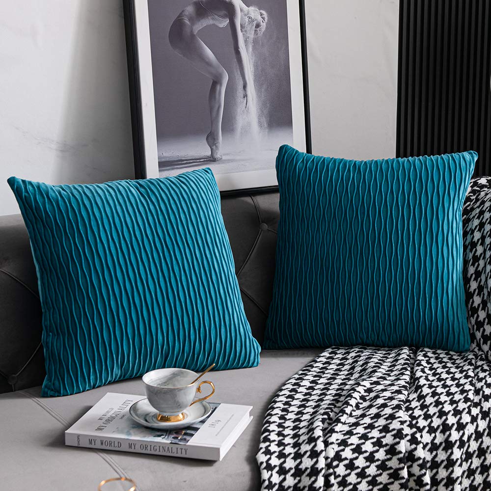 DEZENE Turquoise Throw Pillow Covers 20x20 Inches - 2 Pack Striped Velvet Square Pillow Cases for Farmhouse Couch, Sofa & Bed Decor - Soft Decorative Cushion Covers for Living Room, Bedroom