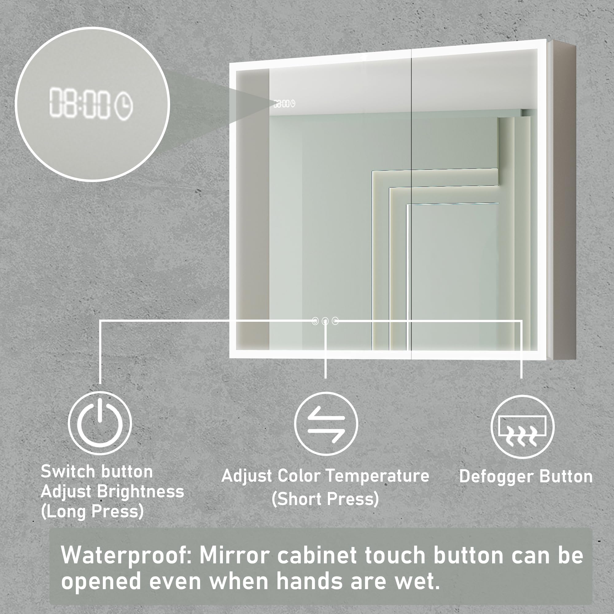 36 x 30 Inch LED Bathroom Medicine Cabinet with Anti-Fog Mirror - 3 Color Lighting, Adjustable Brightness, Time & Temperature Display - Surface Mount Touch Switch for Modern Bathrooms & Vanities