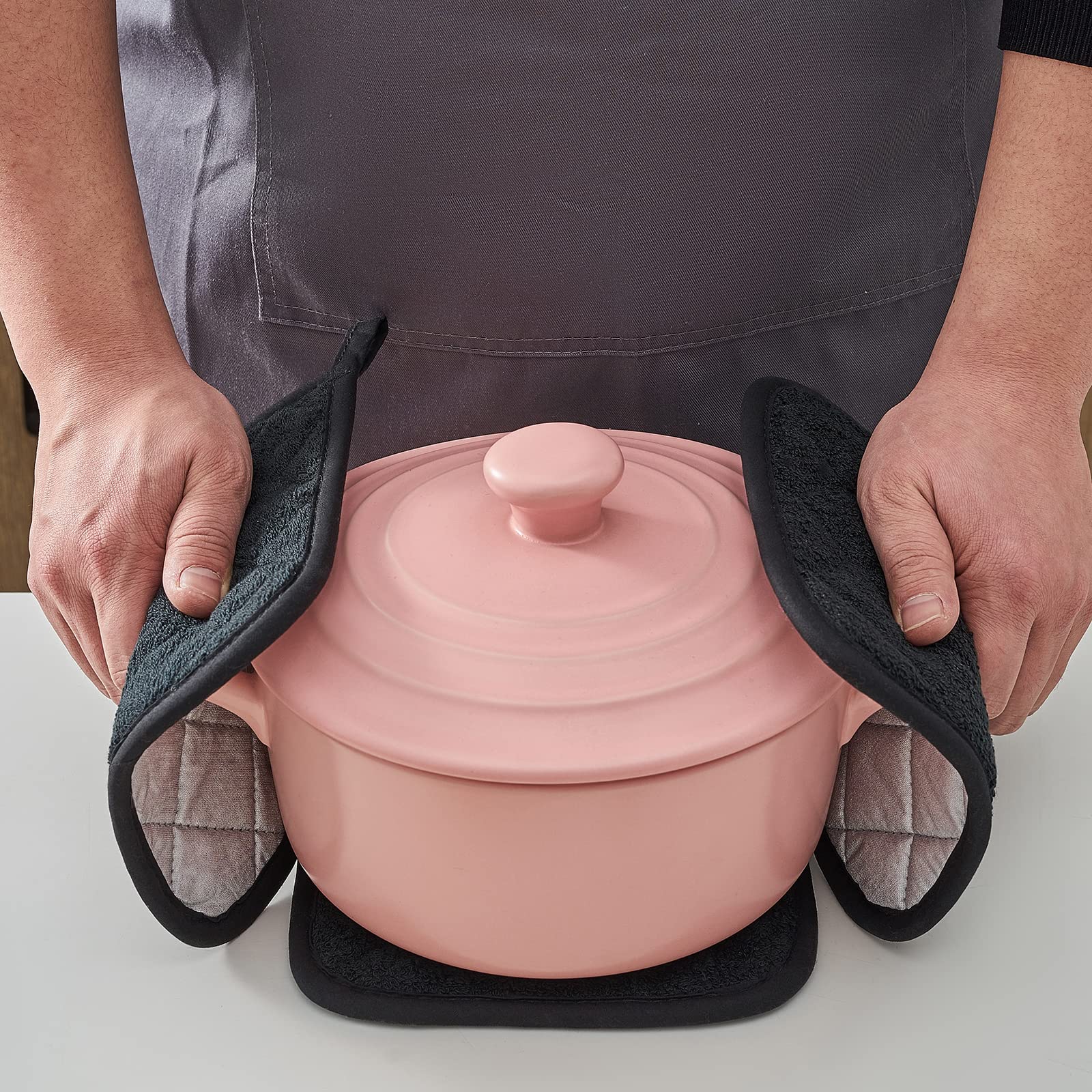 Heat Resistant Cotton Kitchen Pot Holders Set - 7 x 7 Inch (6 Pack) Black - Oven Mitts, Hot Pads & Trivets for Cooking, Baking & Serving - Perfect for Everyday Use, Holiday Meals & Hosting Gifts