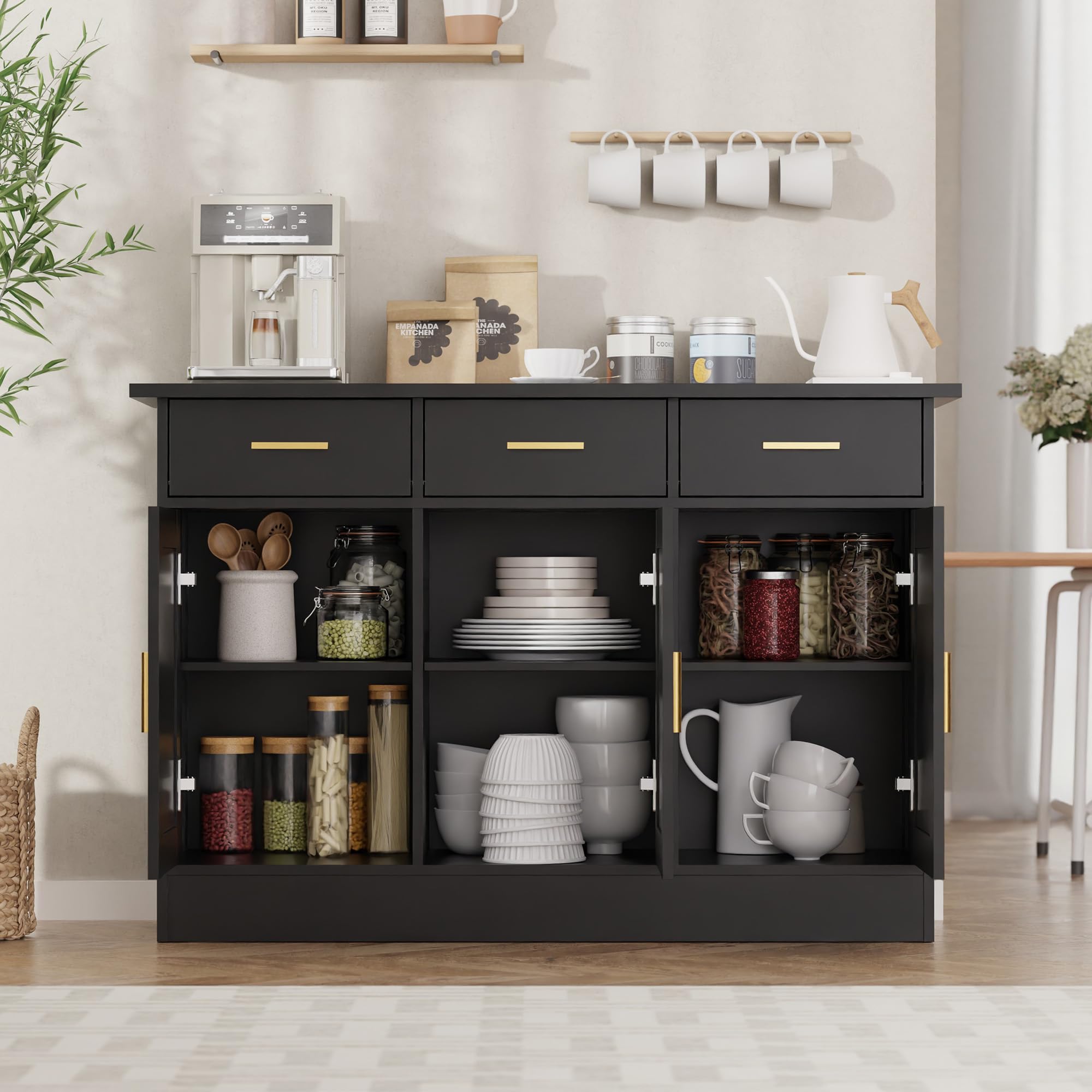 **Black 3-Door Wood Buffet Cabinet with Storage - Sideboard Kitchen Storage, Coffee Bar Console Table for Living Room, Dining Room & Entryway | Large Accent Cabinet with Drawers for Home Decor & Entertaining**
