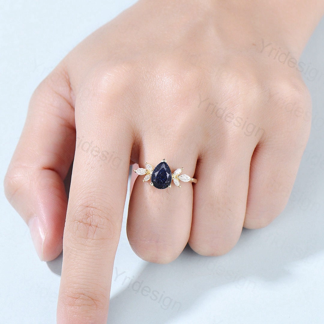 Blue Sandstone Pear Shape Ring - Vintage Galaxy Starry Sky Engagement Ring with Marquise Blue Sapphire Cluster, Women's Wedding Band & Proposal Gift for Anniversary, Valentine's Day & Special Occasions
