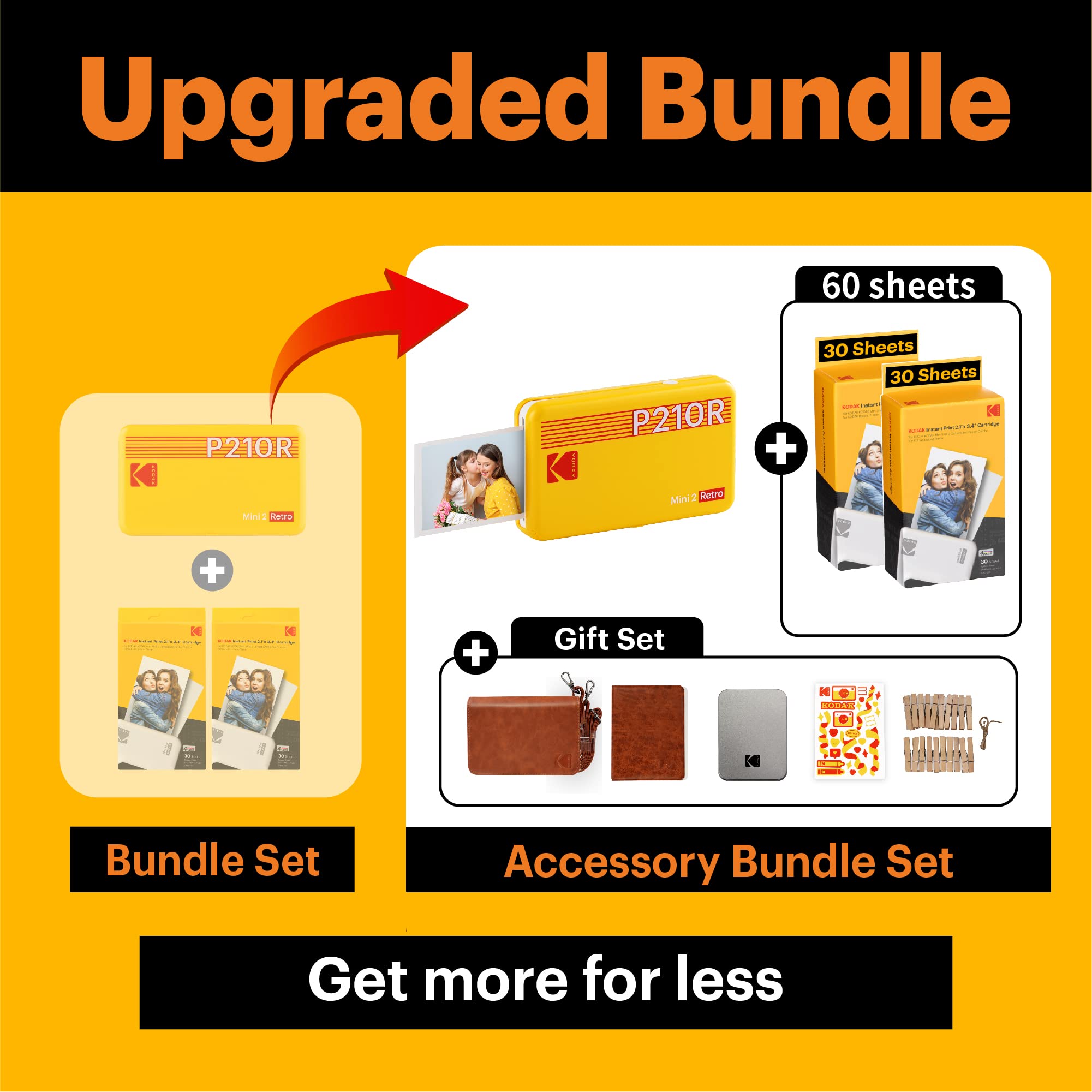 KODAK Mini 2 Retro 4PASS Instant Photo Printer - Wireless Portable 2.1x3.4 Inch Zink Printer with 8 Starter + 60 Extra Photo Papers & Gift Bundle (Yellow) - Perfect for Travel, Parties, Scrapbooking & DIY Projects