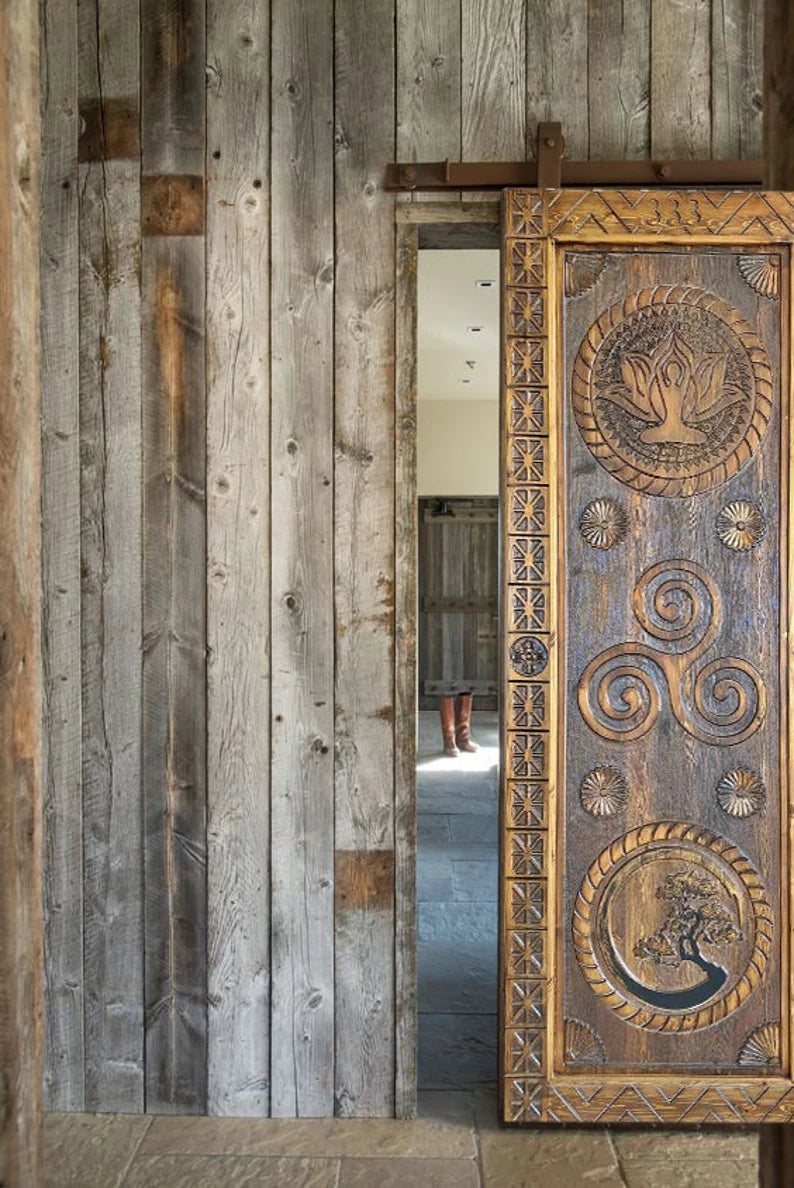 Hand Carved Yoga Barn Door - Solid Mango Wood Custom Interior/Exterior Door - Front Entryway & Wall Decor for Home, Office & Meditation Spaces