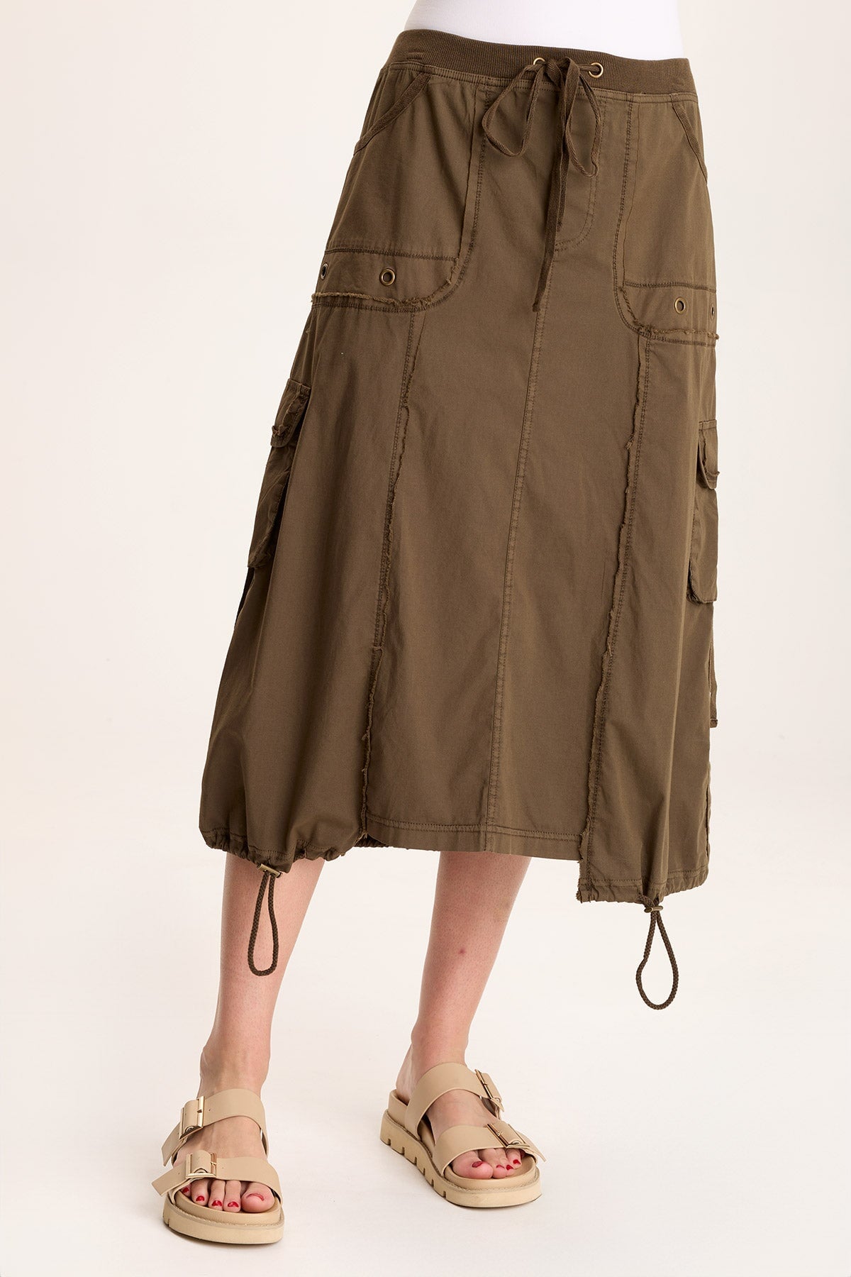 Castalina Women's Poplin Cargo Midi Skirt - Casual Stretch Waist Utility Skirt for Outdoor, Travel & Everyday Wear