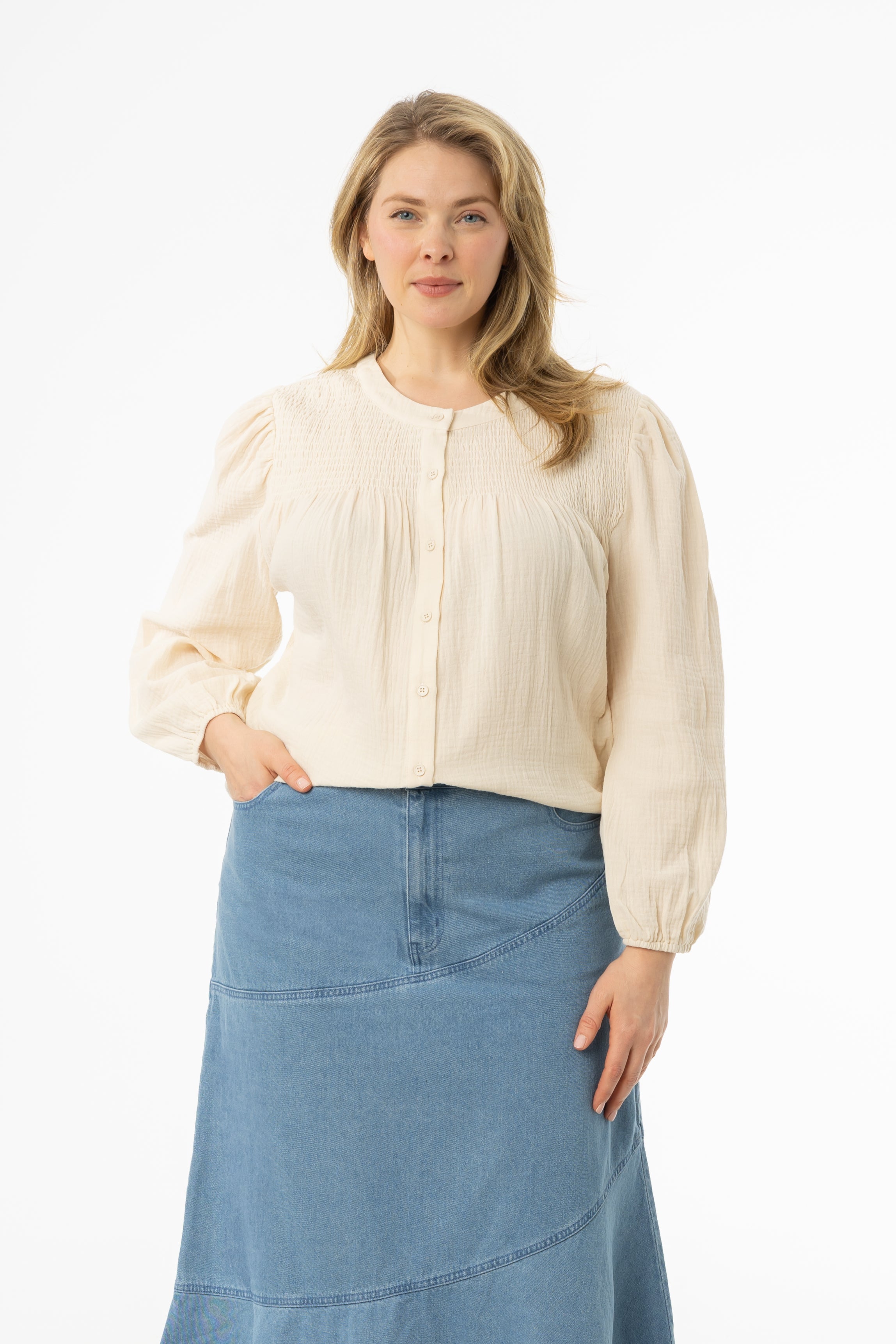 Elegant Cream Smocked Gauze Blouse for Women - Soft & Breathable Summer Top - Perfect for Beach Outings, Date Nights & Casual Wear