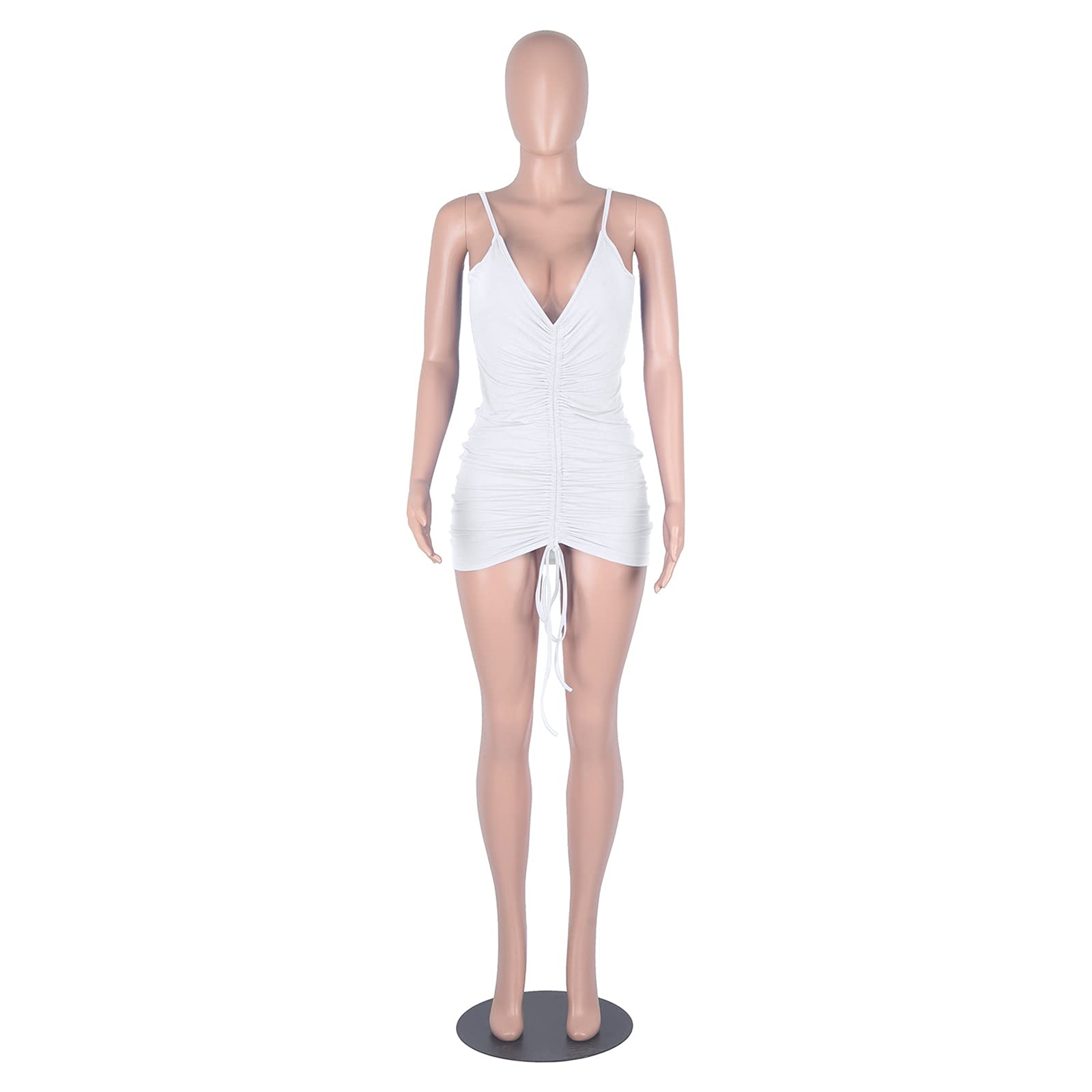 GEMEIQ Women's Sexy Spaghetti Strap Ruched Bodycon Mini Dress - Summer Club Party Outfit, Drawstring Waist, White (Size M) | Perfect for Night Out, Date Night & Beach Vacations