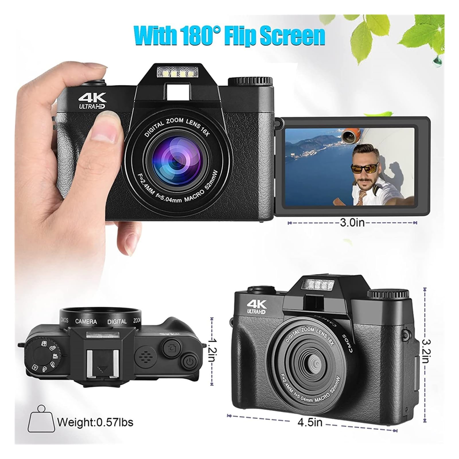 48MP Vlogging Camcorder with 180° Flip Screen & Wide Angle Lens - Perfect for YouTube & Travel Vlogging