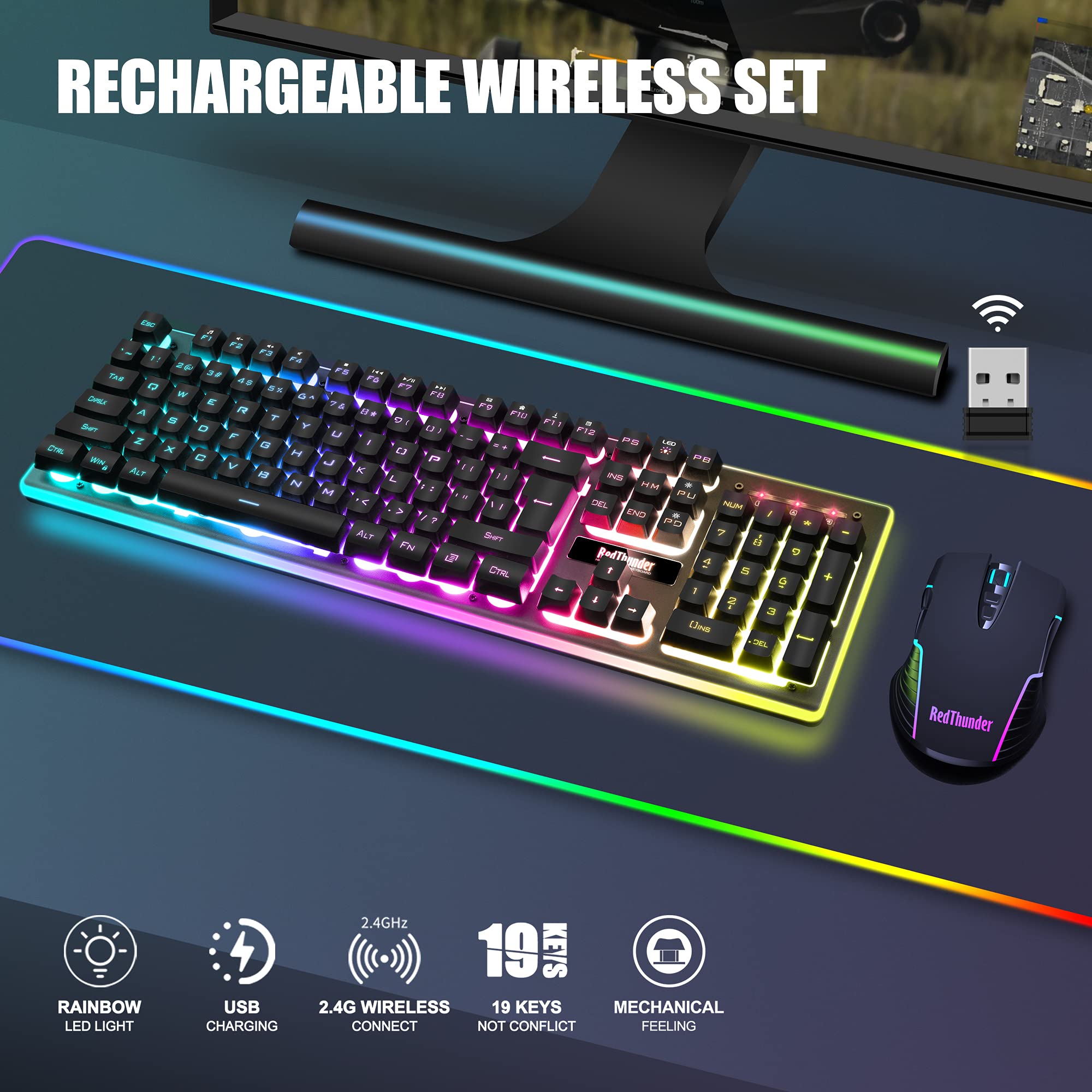 RedThunder K10 Wireless Gaming Keyboard & Mouse Combo - LED Backlit, Rechargeable for PC Gamers - Perfect for Esports & Late-Night Gaming