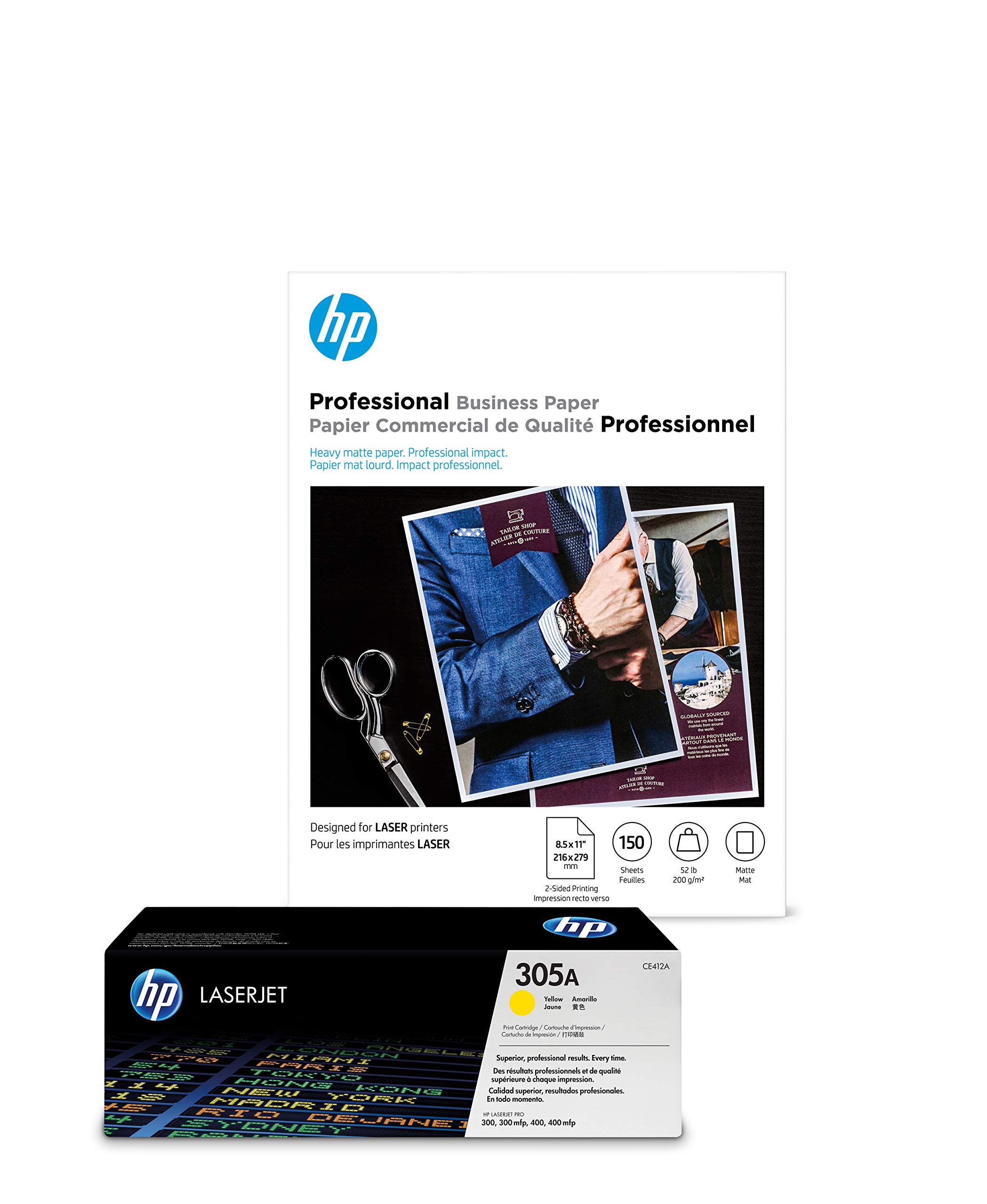 HP 305A Yellow Toner Cartridge with HP Brochure Paper - 8.5 x 11 Inches, 150 Sheets Matte Finish for Laser Printers | Ideal for Office Documents, Flyers & Professional Printing