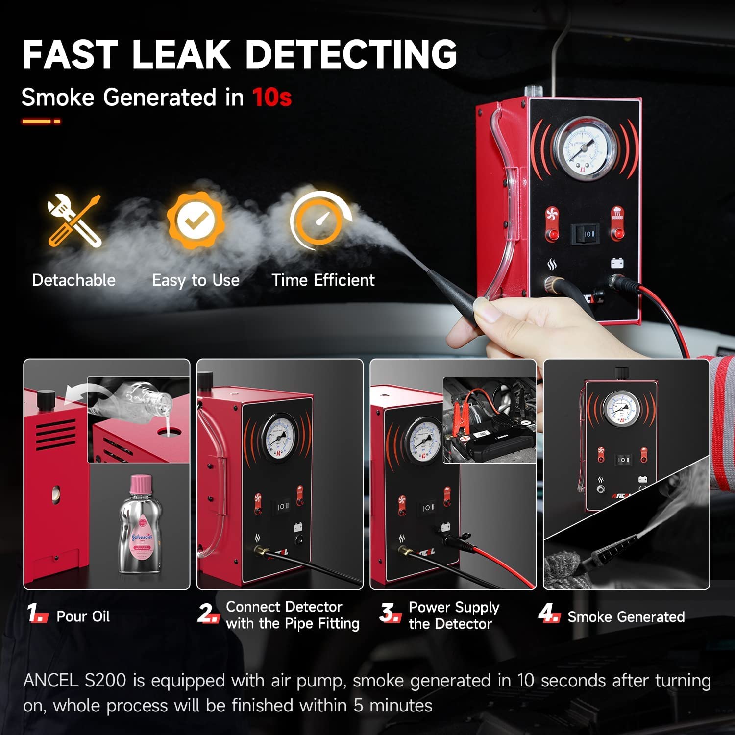 ANCEL S200 Automotive Smoke Leak Detector with Built-in Air Pump - EVAP Vacuum Diagnostic Tester for Car, Motorcycle & Truck Repair - Dual Mode Smoke Machine with Pressure Gauge (Ideal for Mechanics & DIY Auto Diagnostics)