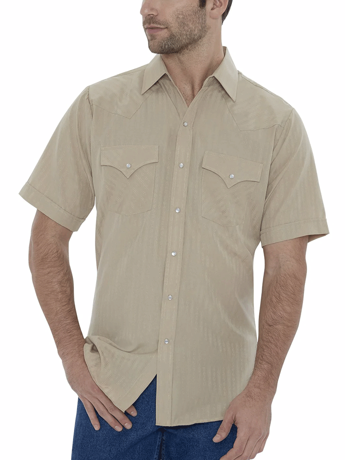 Ely Cattleman 15201634 Men's Western Shirt Short Sleeve Tone-on-Tone Khaki for Cowboy Rodeo & Country Style Fashion