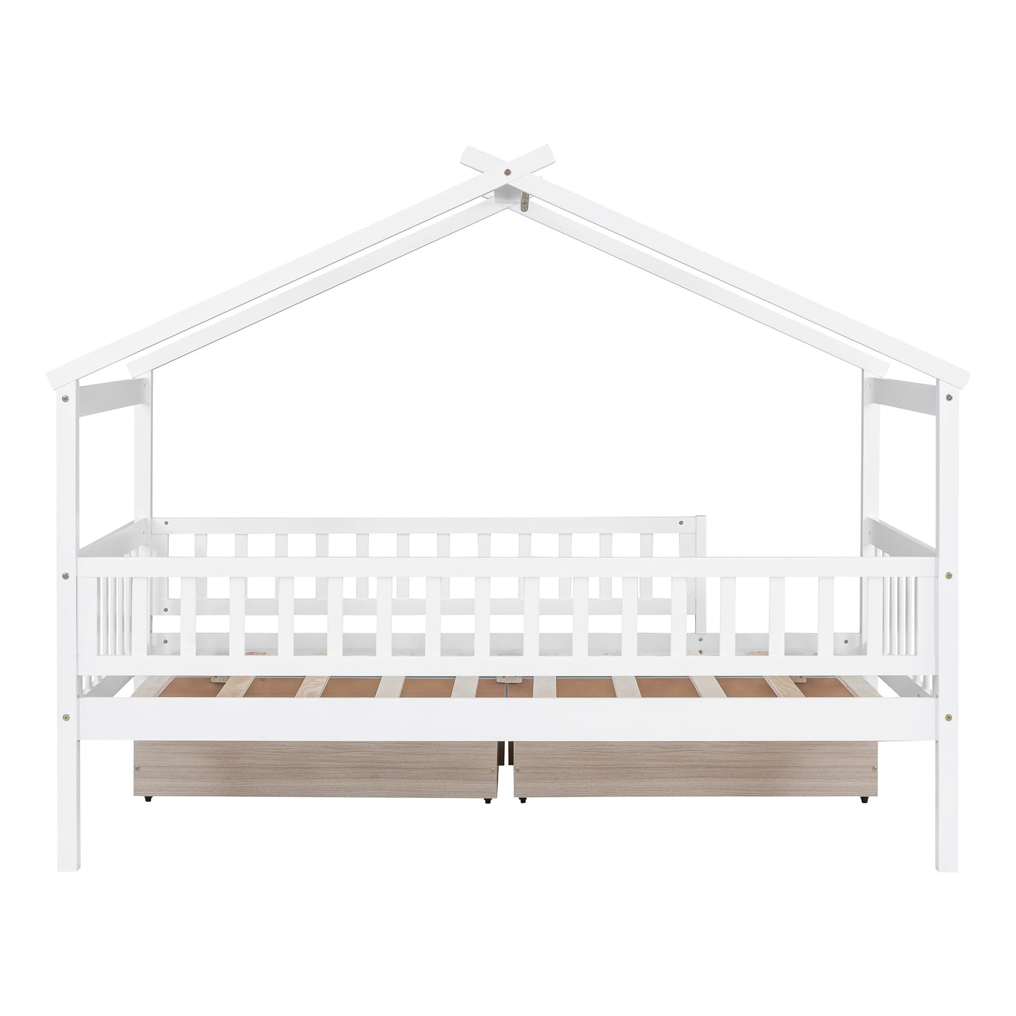 Harper & Bright Designs Twin Size Wooden House Bed for Kids with 2 Storage Drawers - Montessori Bed Frame with Roof & Safety Rails - Perfect for Boys & Girls Bedrooms (White) - Ideal for Small Spaces, Playrooms & Montessori Learning Environments