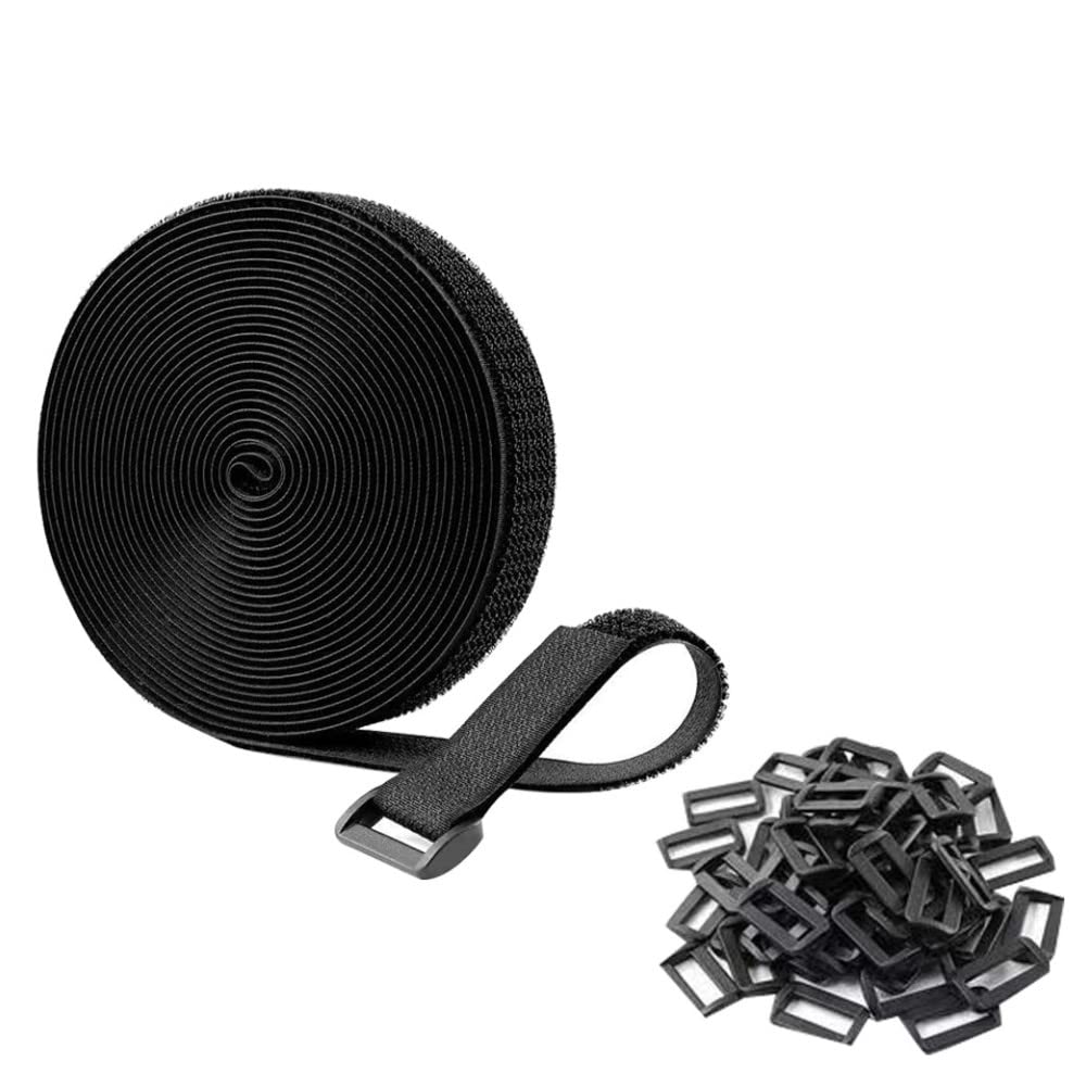 Naisfei 16Ft x 0.8In Reusable Cable Ties with 25 Buckles - Adjustable Black Hook and Loop Straps for Bike, Home, Garage & Workshop Organization - Free Cut Length Securing Straps for Wires, Cables & Tools