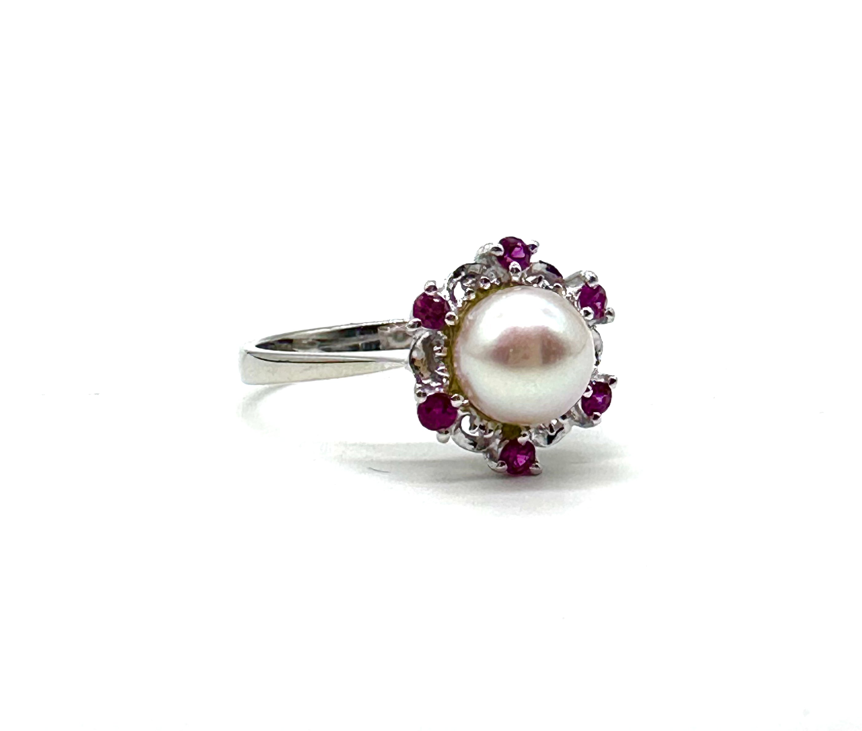 Exquisite 14K Gold Pearl and Ruby Halo Engagement Ring for Women - Perfect for Weddings, Anniversaries & Romantic Gifts