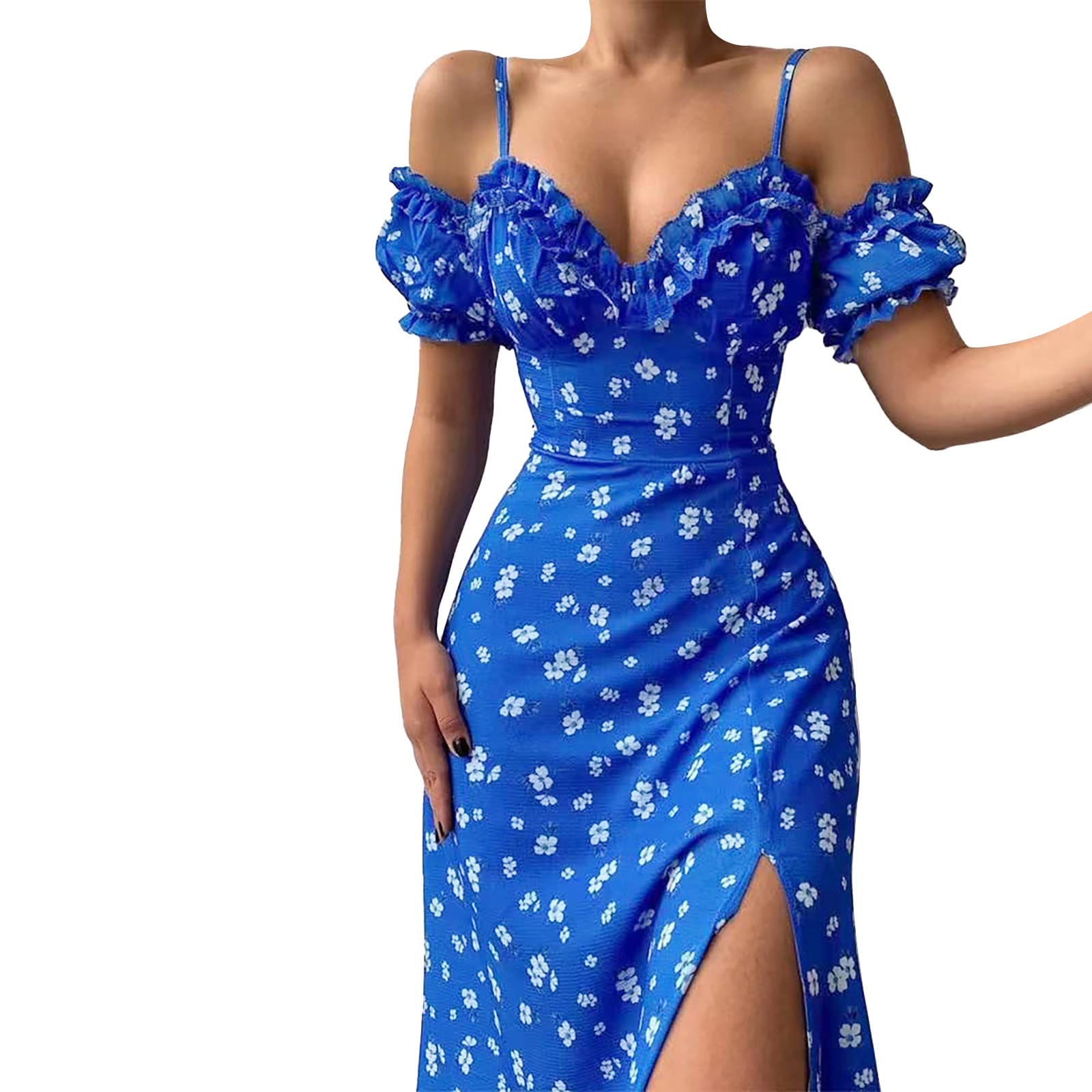 Elegant Backless Floral Midi Dress for Women - Summer Spaghetti Strap Sundress with Split Hem, Wedding Guest & Casual Wear (Blue, Size L) | Perfect for Beach Vacations, Date Nights & Special Occasions