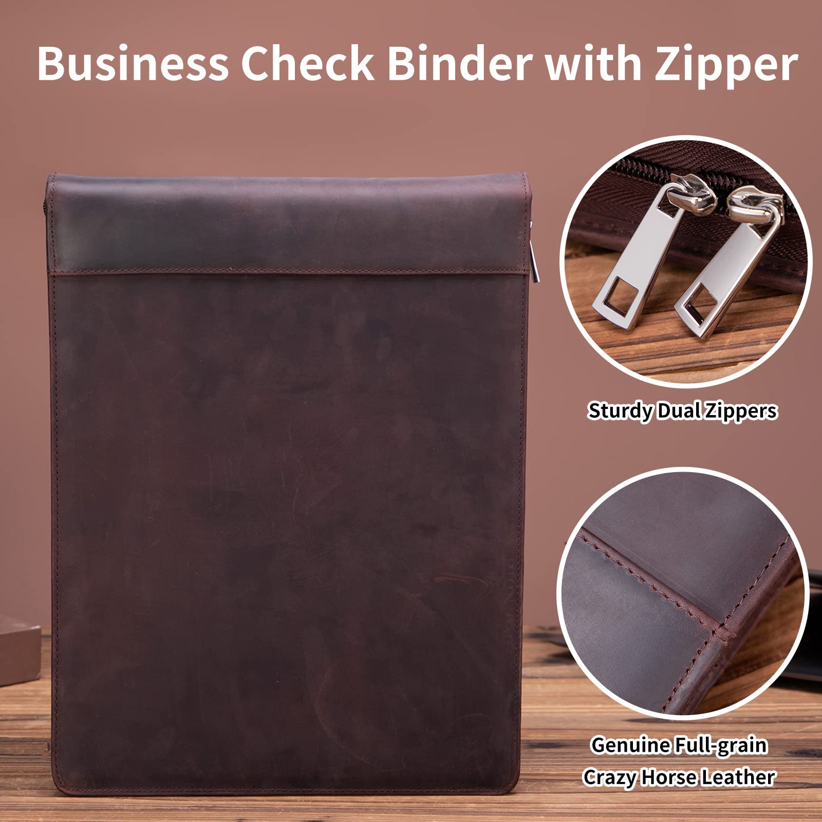 Premium 7-Ring Check Binder - Genuine Leather Business Checkbook Cover with 3-On-A-Page Design Holds 600 Checks (9